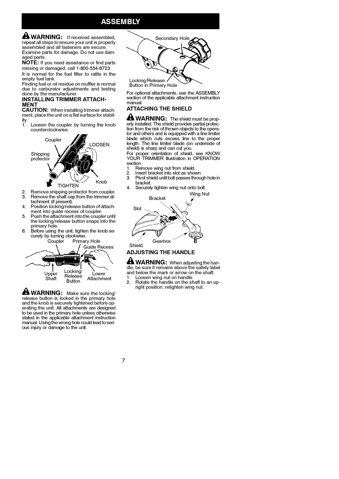 Poulan 545123431 instruction manual Assembly, Installing Trimmer ATTACH- Ment, Attaching the Shield, Adjusting the Handle 