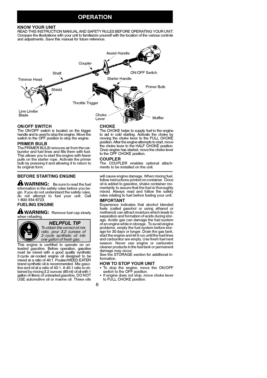 Poulan 545123431 instruction manual Operation 