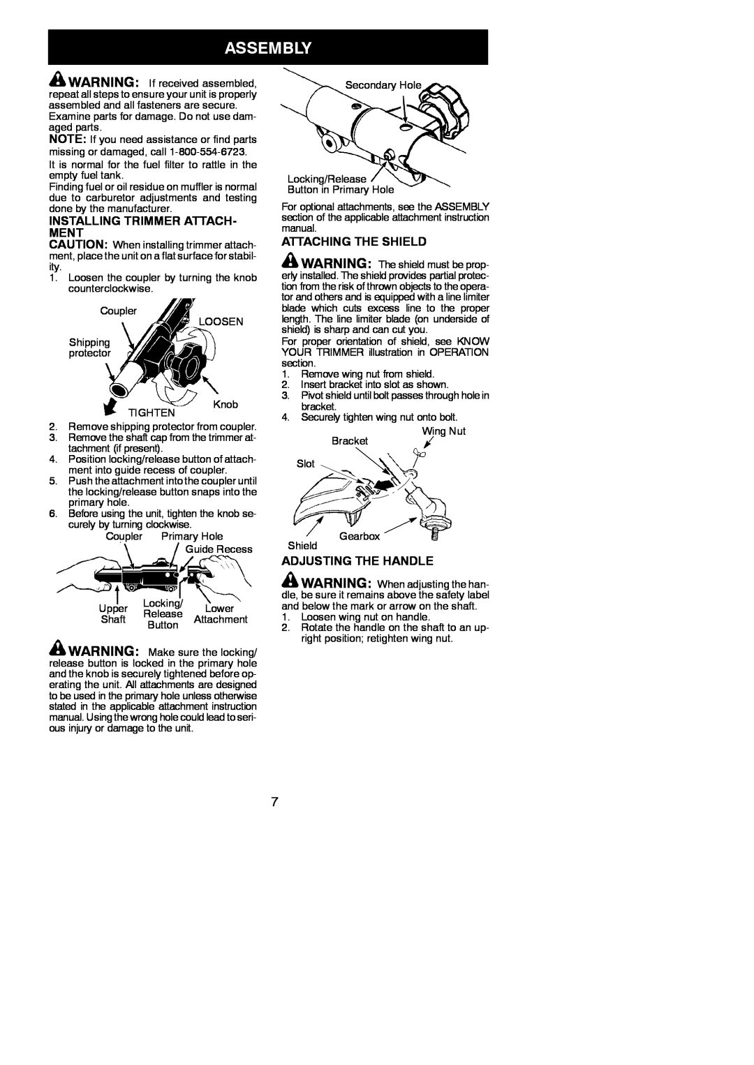Poulan 545123431 instruction manual Assembly, Installing Trimmer Attach- Ment, Attaching The Shield, Adjusting The Handle 