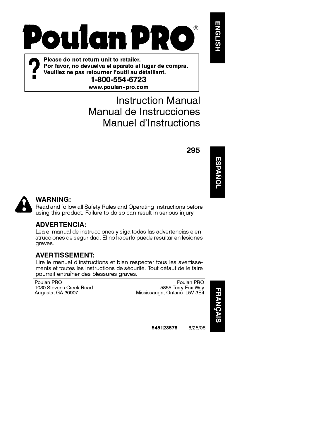 Poulan instruction manual Manual de Instrucciones Manuel d’Instructions, 545123578 8/25/06 