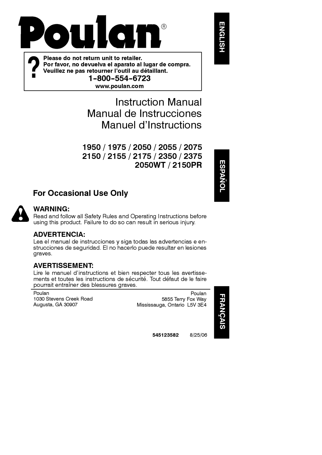 Poulan instruction manual English Español Français, 545123582 8/25/06 