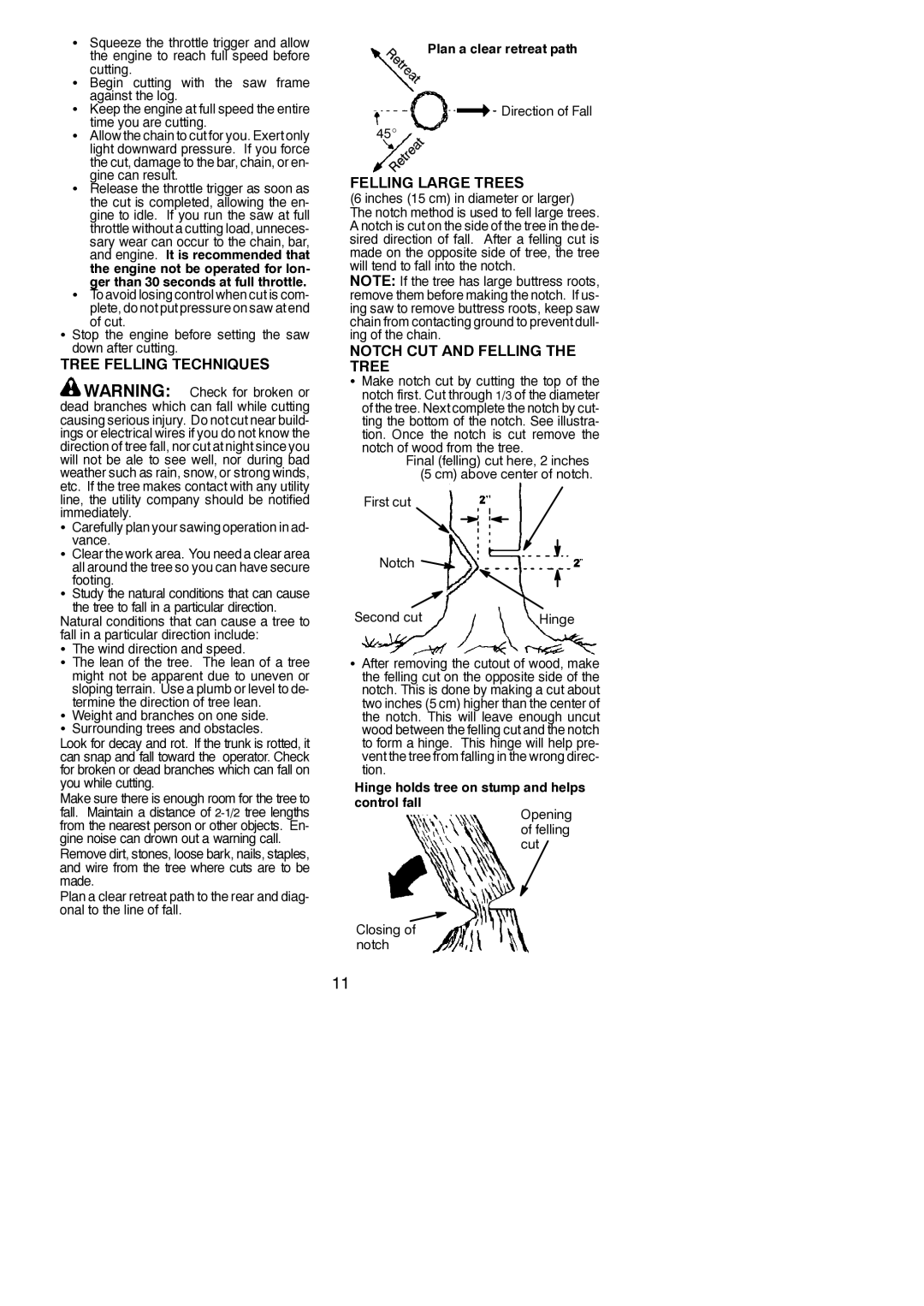 Poulan 545123644 instruction manual Tree Felling Techniques, Felling Large Trees, Notch CUT and Felling the Tree 