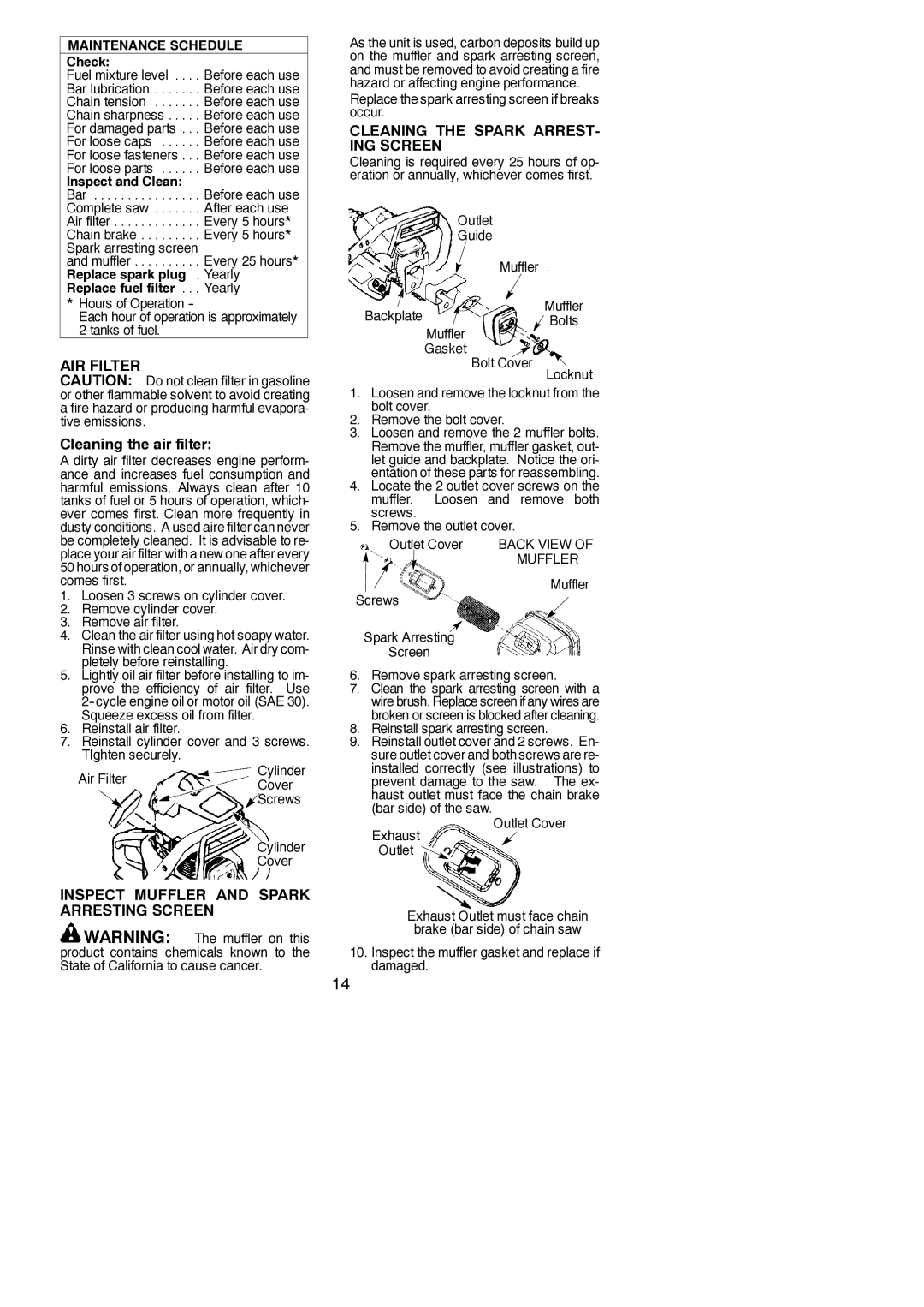 Poulan 545123644 instruction manual AIR Filter, Cleaning the air filter, Cleaning the Spark ARREST- ING Screen 