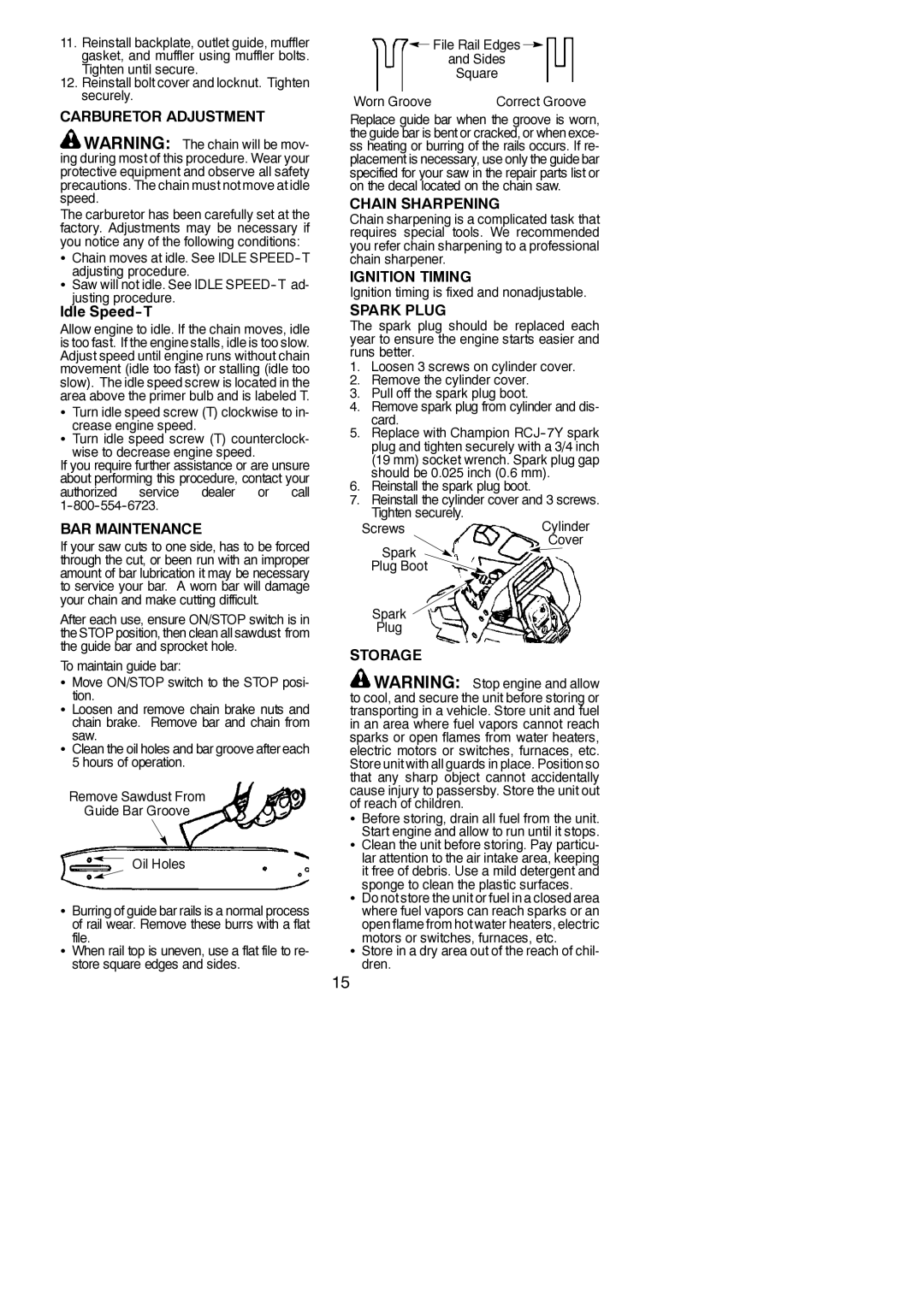 Poulan 545123644 instruction manual Carburetor Adjustment, BAR Maintenance, Chain Sharpening, Ignition Timing, Spark Plug 