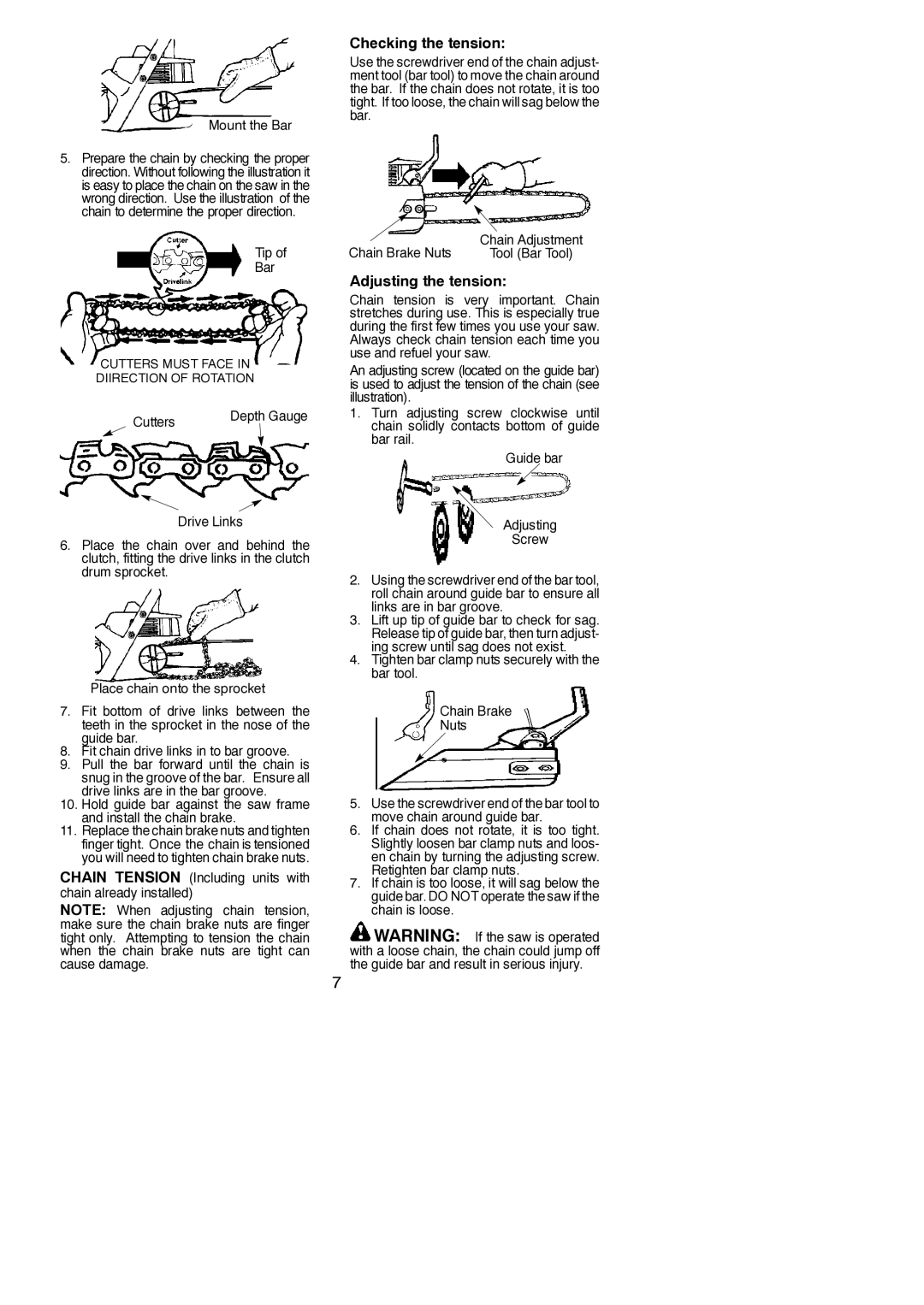 Poulan 545123644 instruction manual Checking the tension, Adjusting the tension, Mount the Bar 