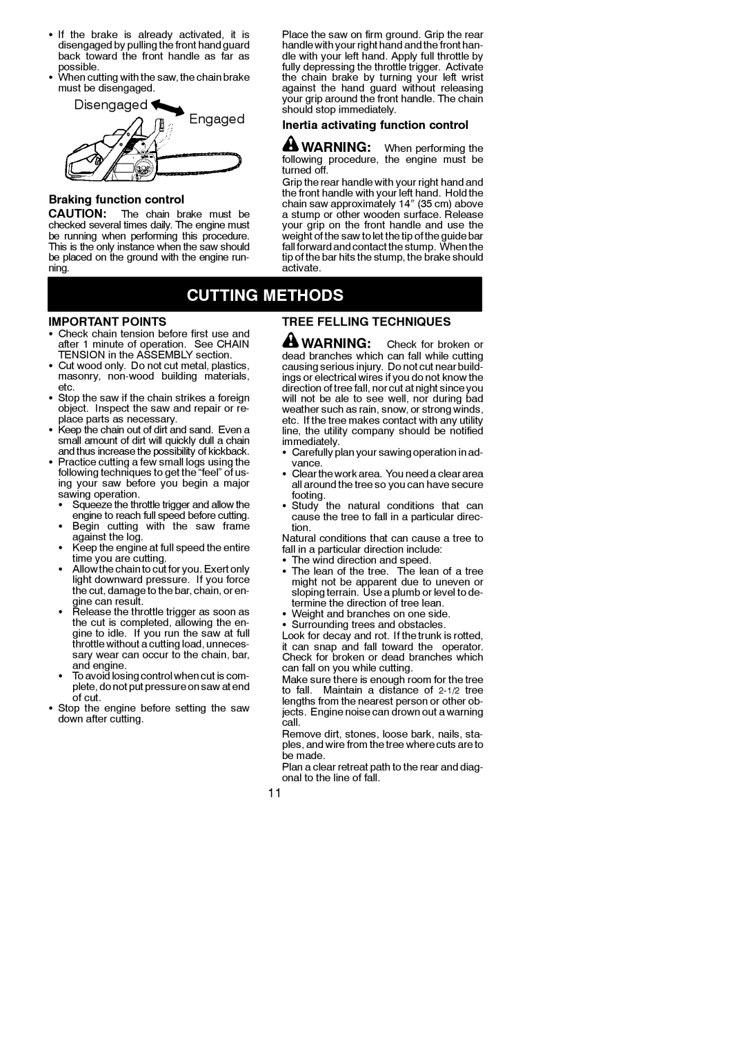 Poulan 545123817 Cutting Methods, Braking function control, Inertia activating function control, Important Points 