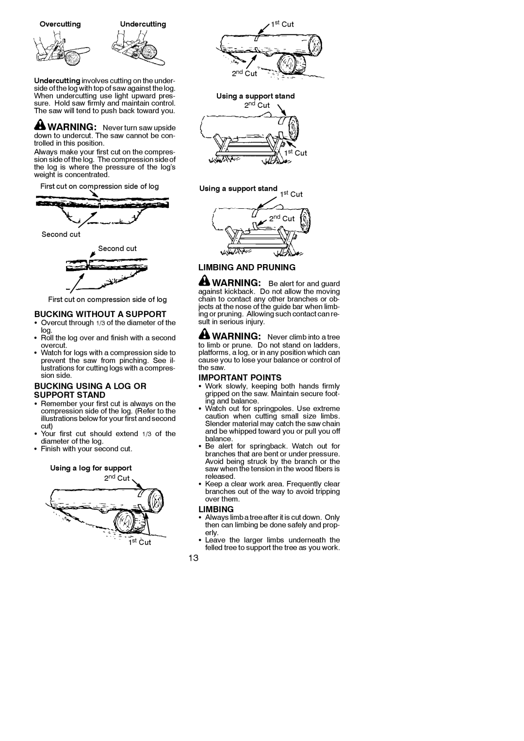 Poulan 545123817 Bucking Without a Support, Bucking Using a LOG or Support Stand, Limbing and Pruning Important Points 