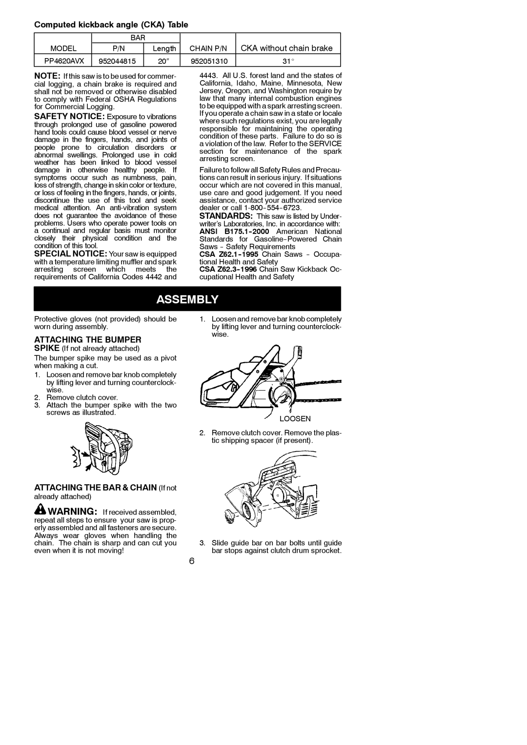 Poulan 545123817 Assembly, Computed kickback angle CKA Table, Attaching the Bumper Spike If not already attached, Loosen 