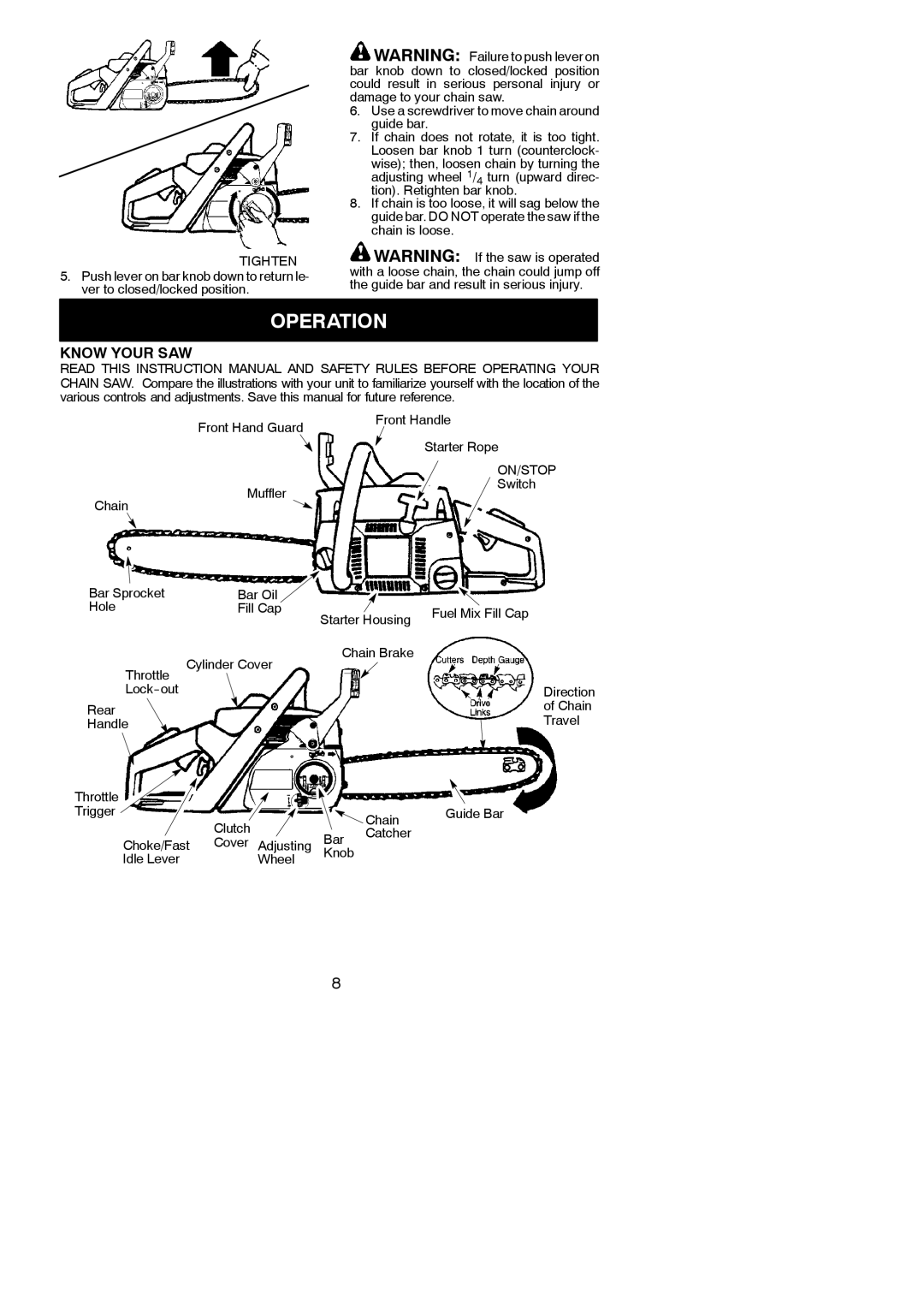 Poulan 545123817 instruction manual Operation, Know Your SAW, Tighten 