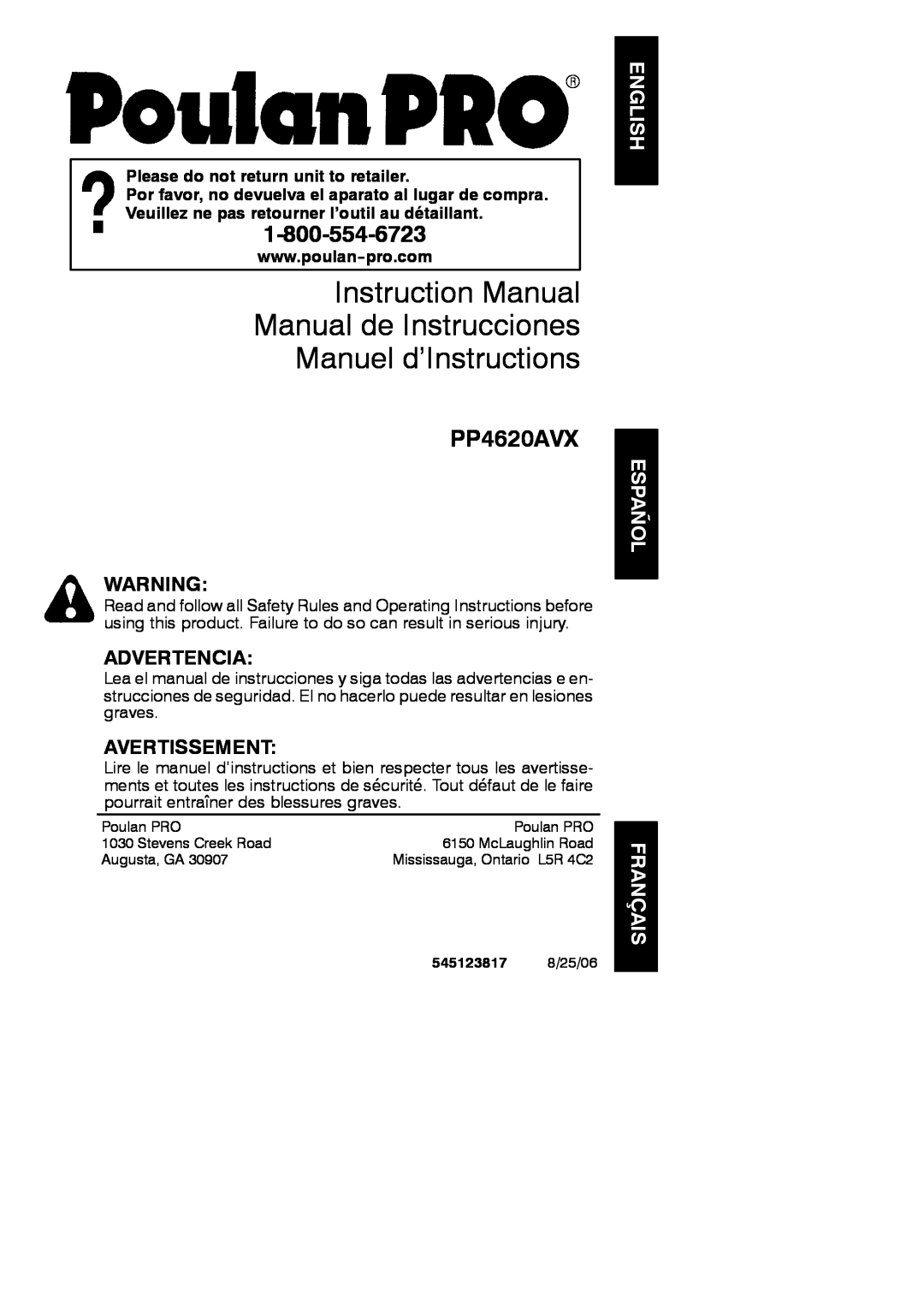 Poulan 545123817 instruction manual English Español Français, PP4620AVX, Advertencia, Avertissement 