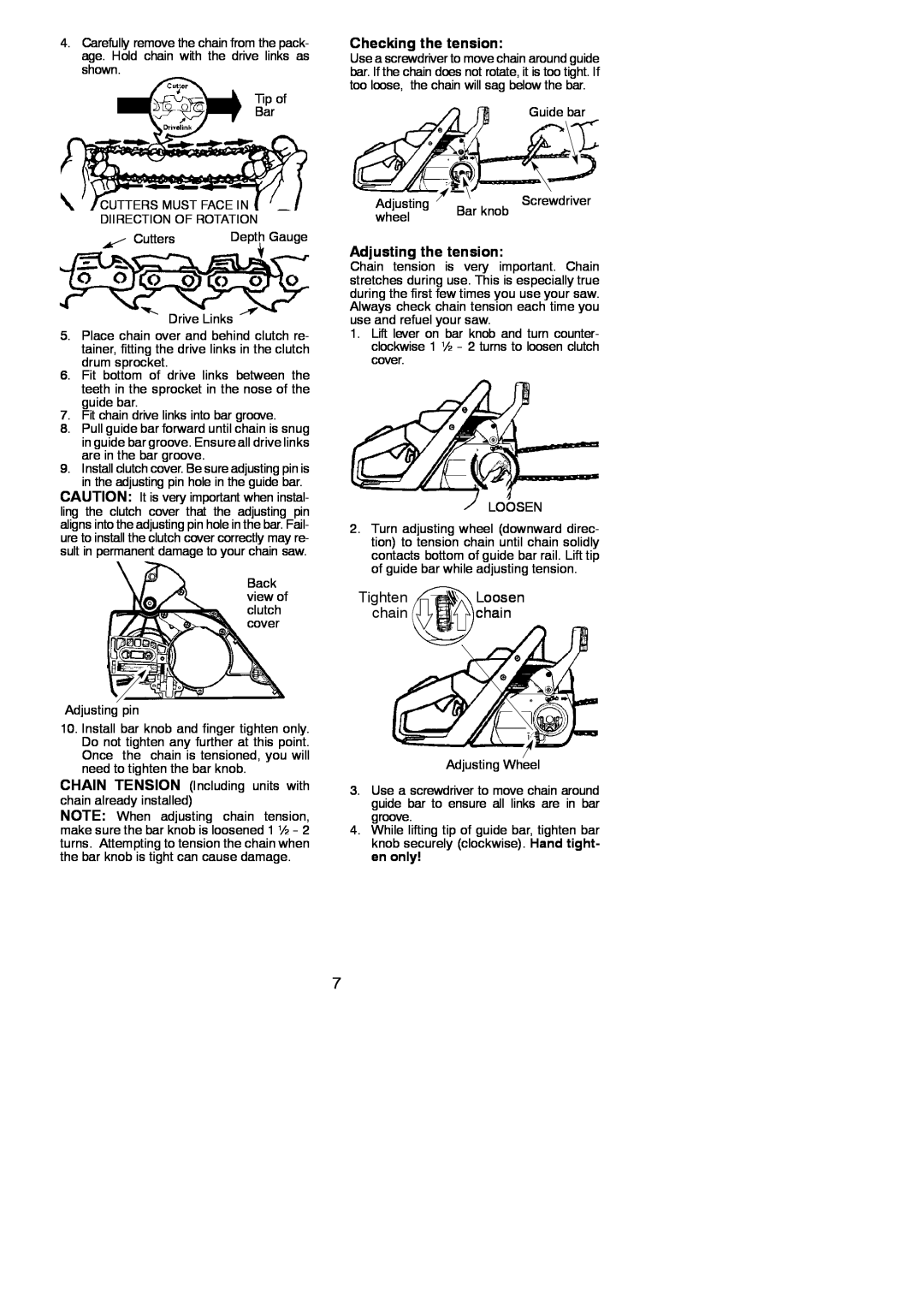 Poulan 545123817 instruction manual Checking the tension, Adjusting the tension, Tighten Loosen chain chain 