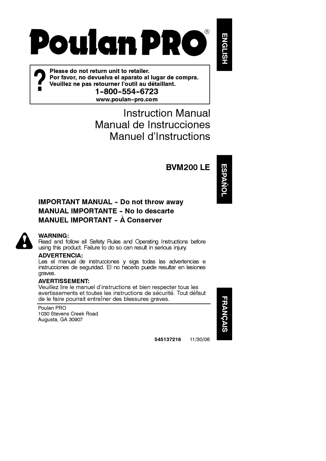 Poulan 545137216 instruction manual Manual de Instrucciones Manuel d’Instructions 