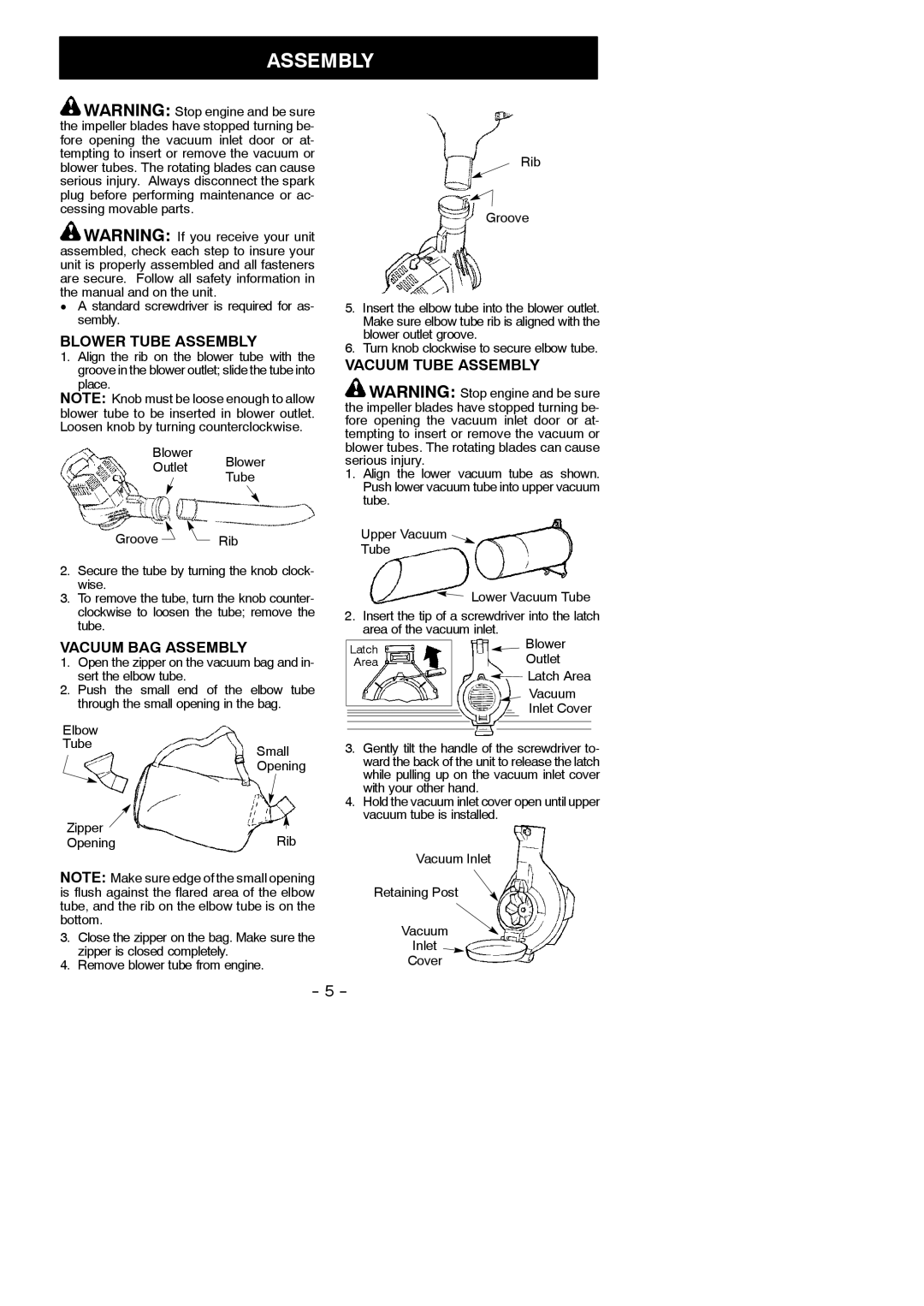 Poulan 545137216 instruction manual Blower Tube Assembly, Vacuum BAG Assembly, Vacuum Tube Assembly 