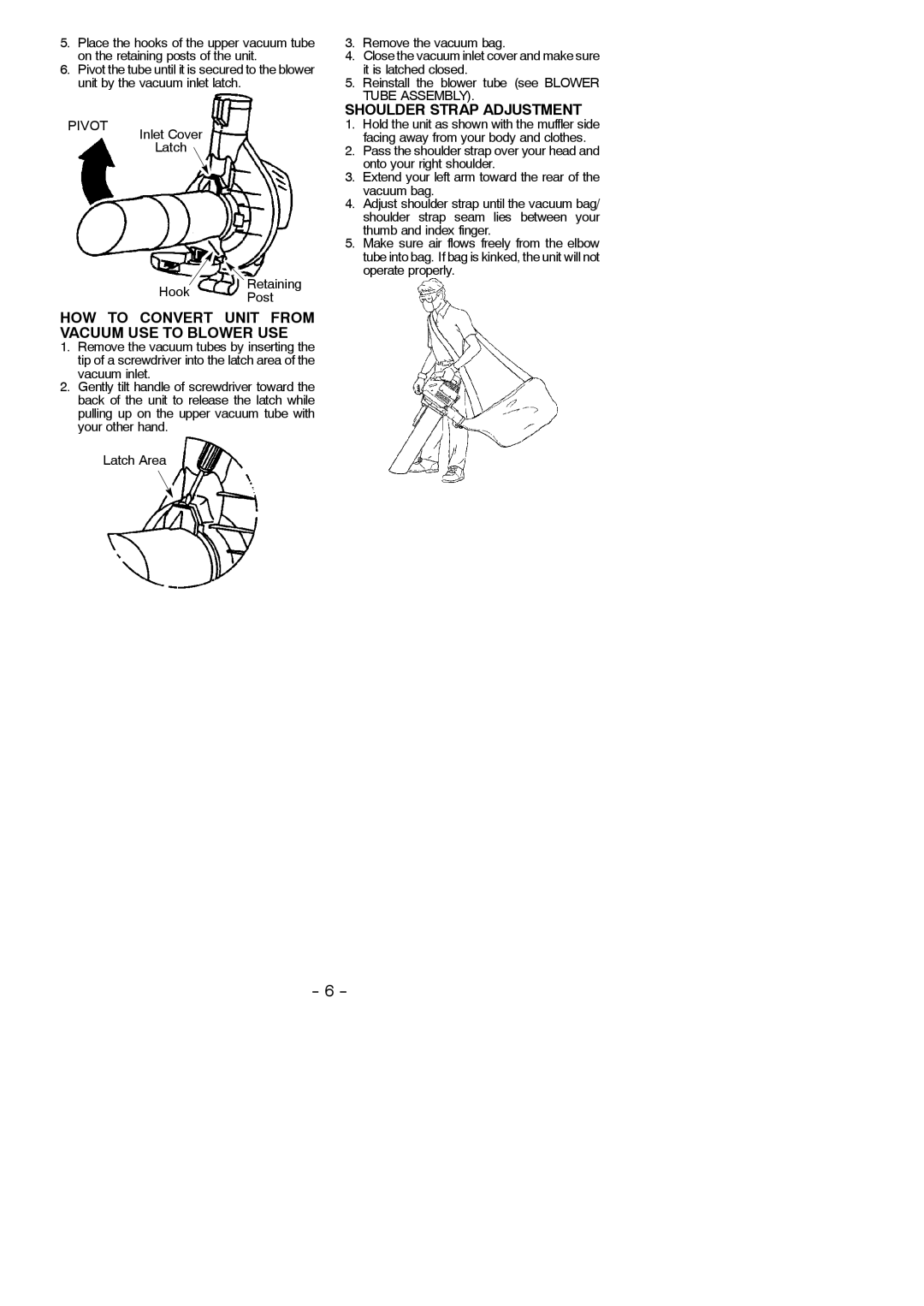 Poulan 545137216 HOW to Convert Unit from Vacuum USE to Blower USE, Shoulder Strap Adjustment, Hook Retaining Post 