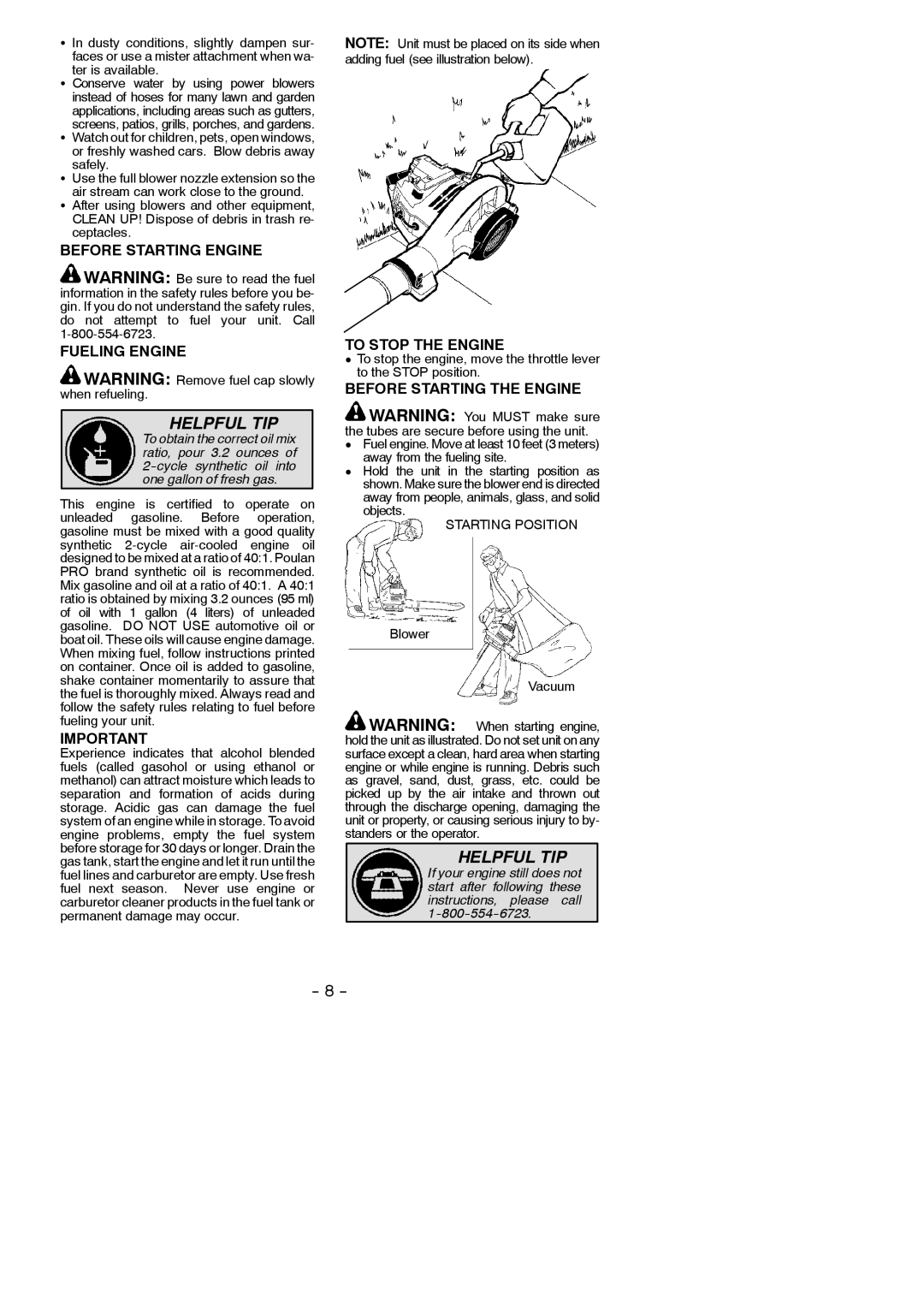 Poulan 545137216 Before Starting Engine Fueling Engine, To Stop the Engine, Before Starting the Engine, Blower Vacuum 