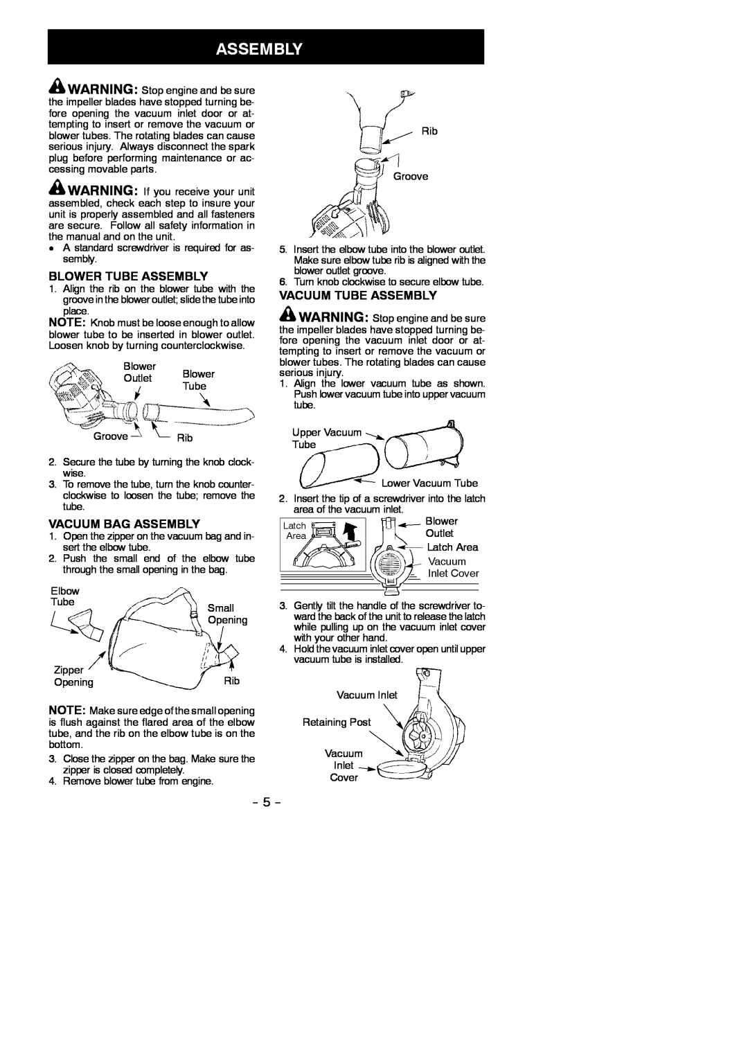 Poulan 545137216 instruction manual Blower Tube Assembly, Vacuum Bag Assembly, Vacuum Tube Assembly 