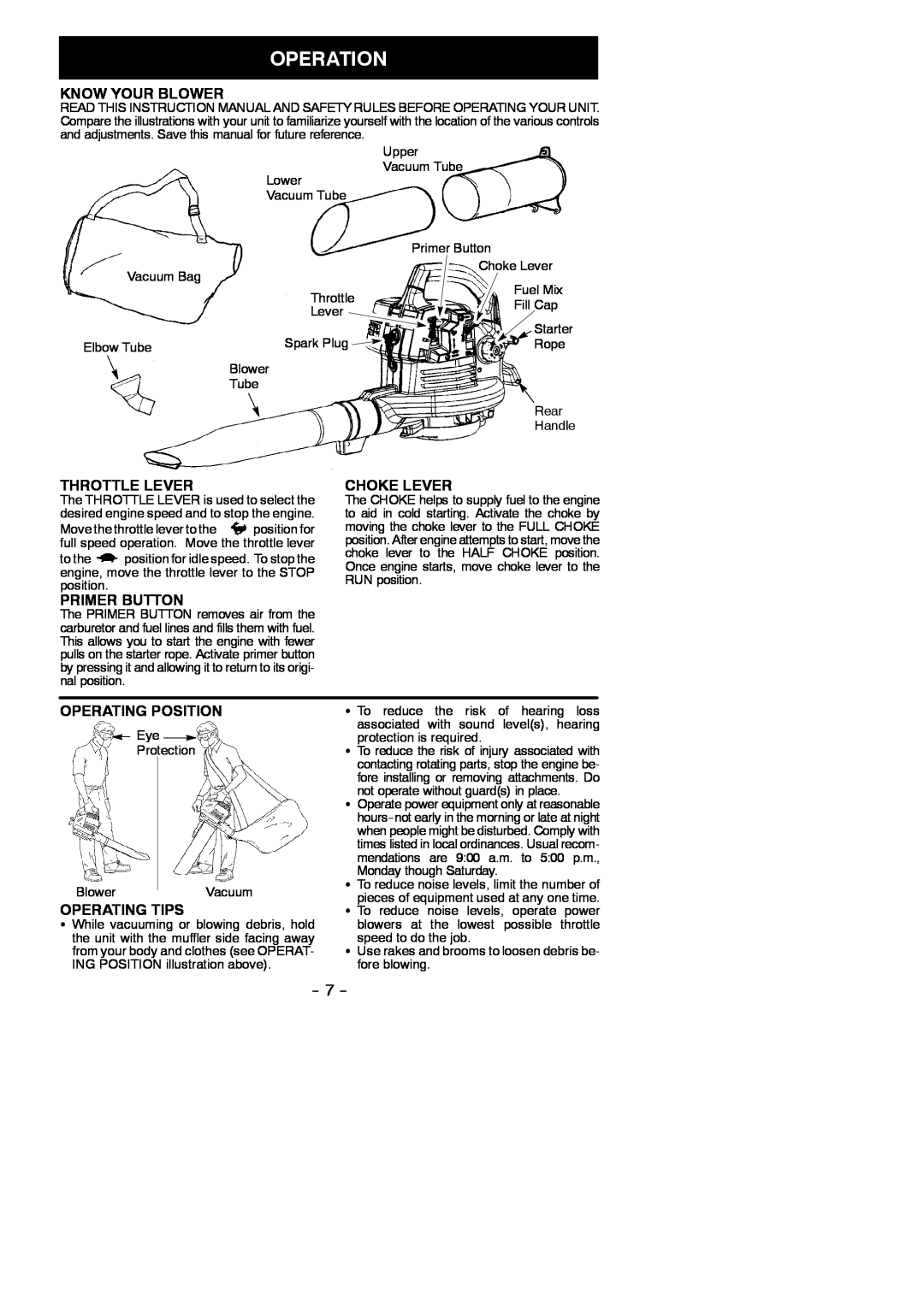 Poulan 545137216 Operation, Know Your Blower, Throttle Lever, Choke Lever, Primer Button, Operating Position 
