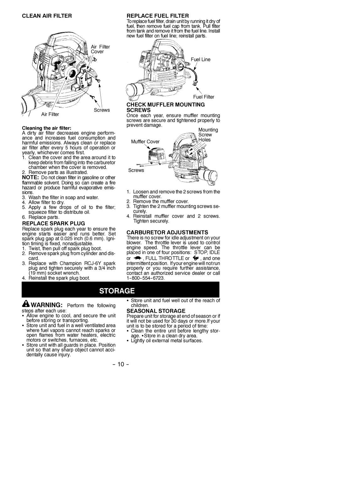 Poulan 545137219 instruction manual Storage 