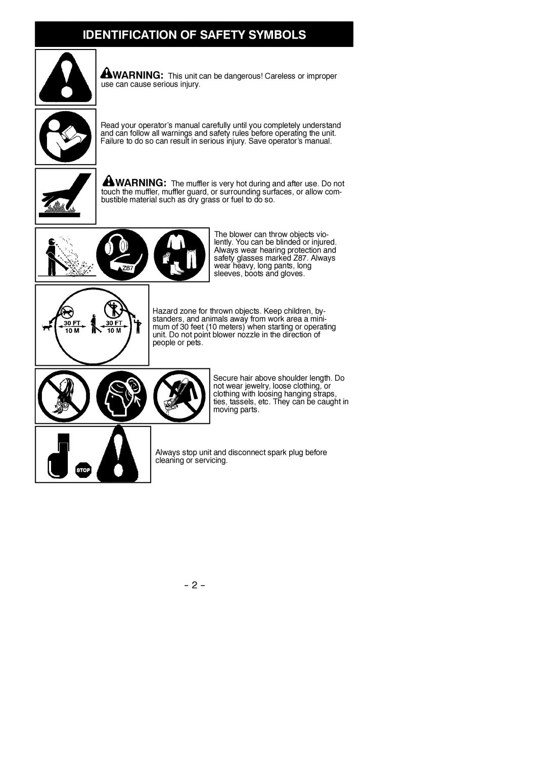 Poulan 545137219 instruction manual Identification of Safety Symbols 