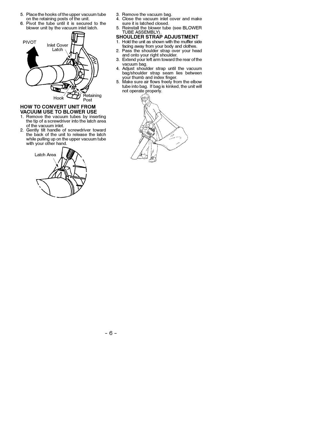 Poulan 545137220 HOW to Convert Unit from Vacuum USE to Blower USE, Shoulder Strap Adjustment, Hook Retaining Post 