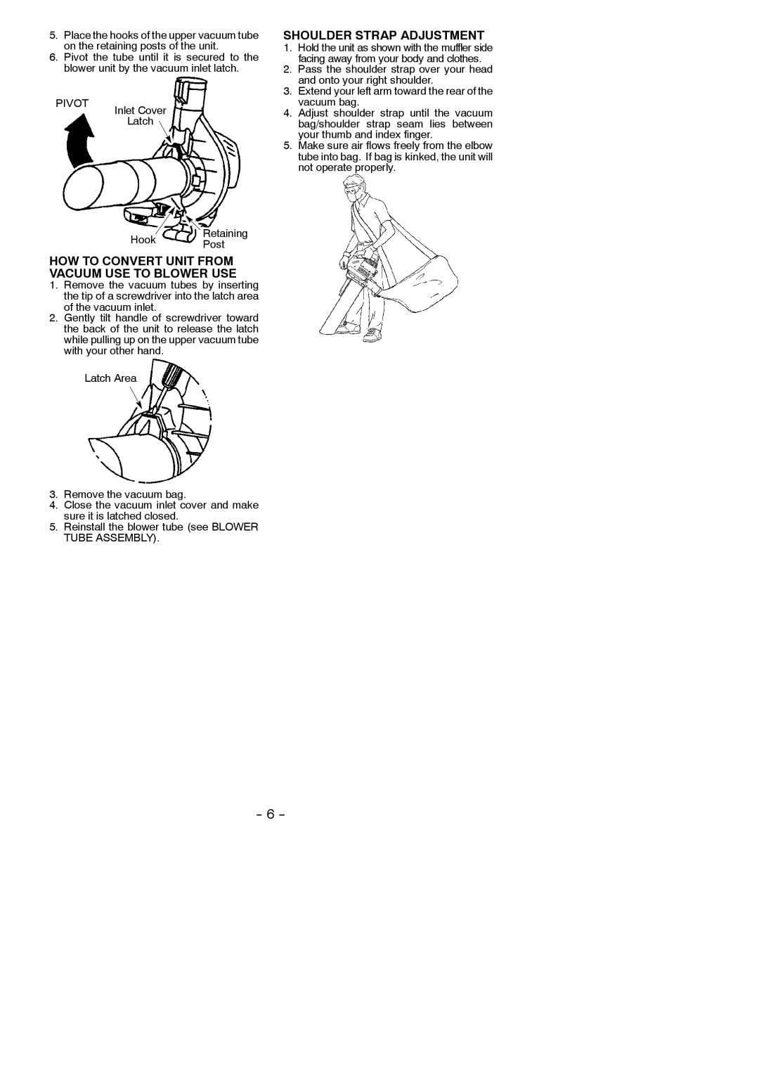 Poulan 545137223 HOW to Convert Unit from Vacuum USE to Blower USE, Shoulder Strap Adjustment, Hook Retaining Post 