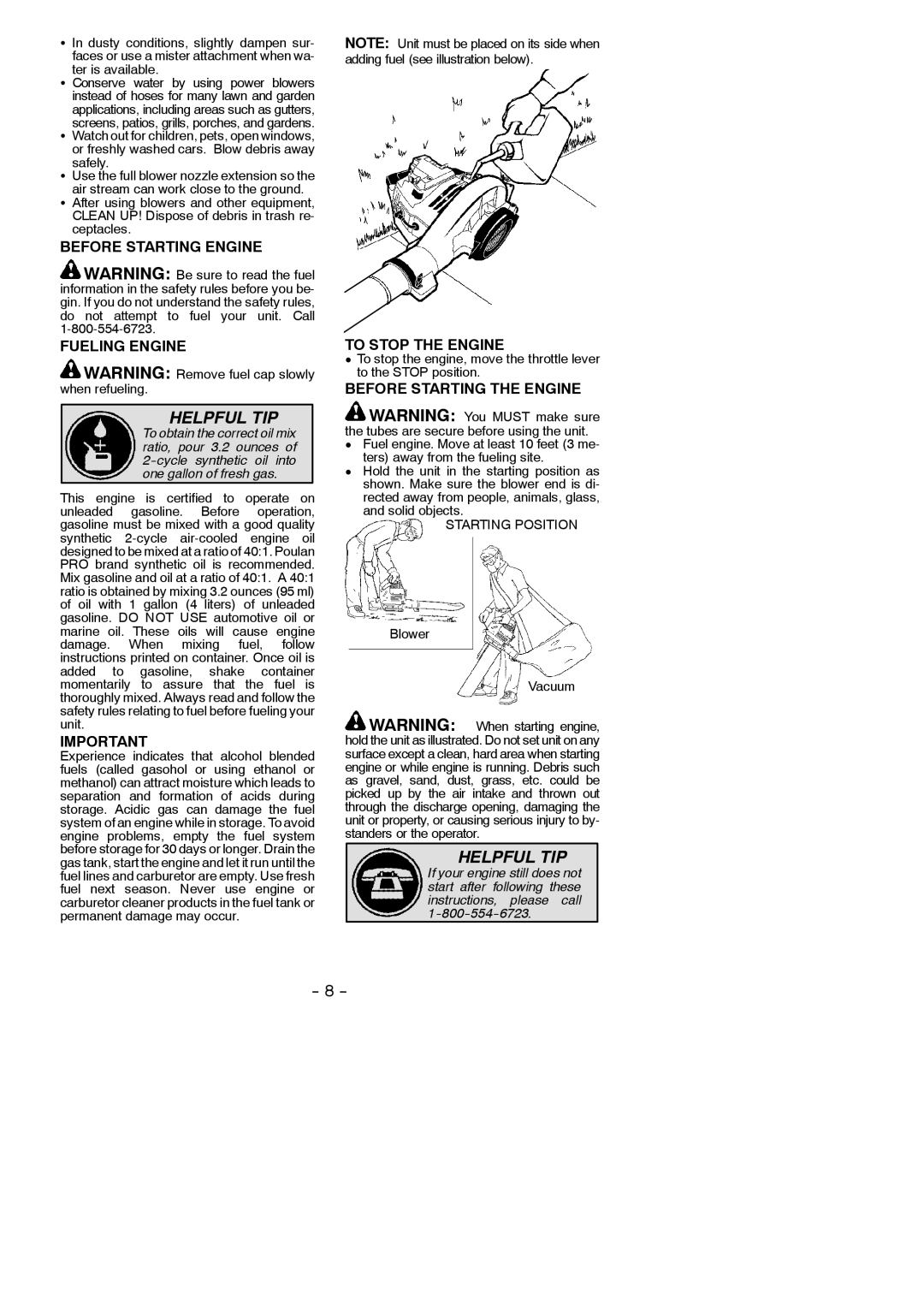 Poulan 545137223 Before Starting Engine Fueling Engine, To Stop the Engine, Before Starting the Engine, Safely 