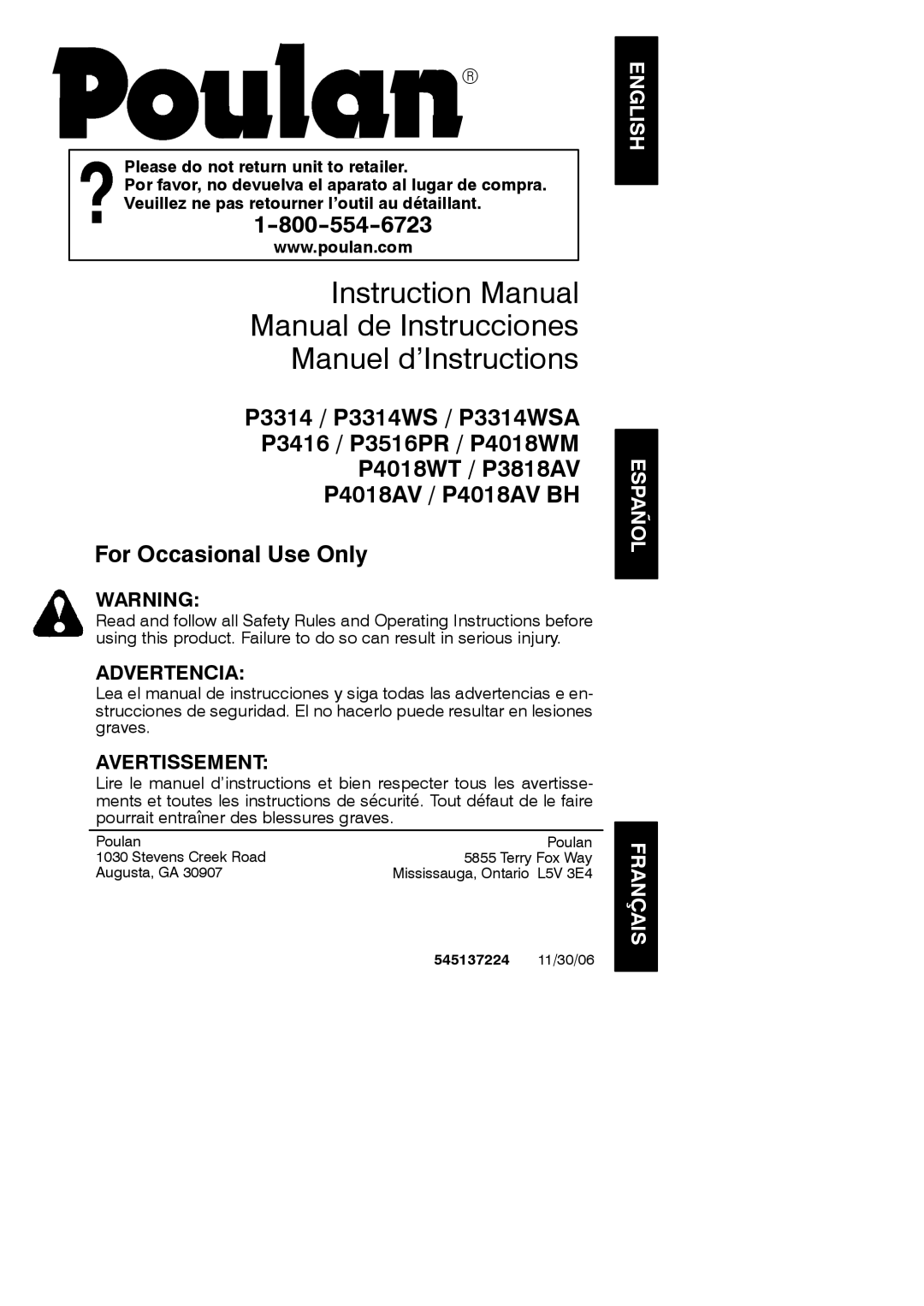 Poulan instruction manual Manual de Instrucciones Manuel d’Instructions, 545137224 11/30/06 