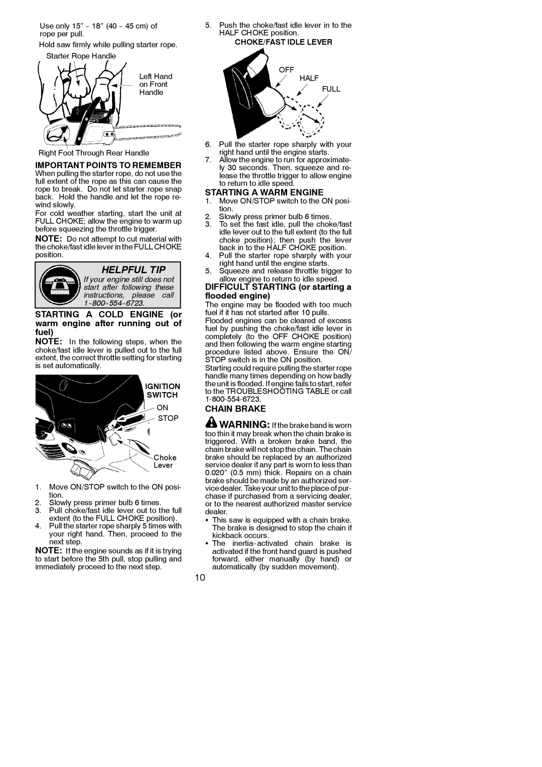 Poulan 545137231 Important Points to Remember, Starting a Warm Engine, Difficult Starting or starting a flooded engine 