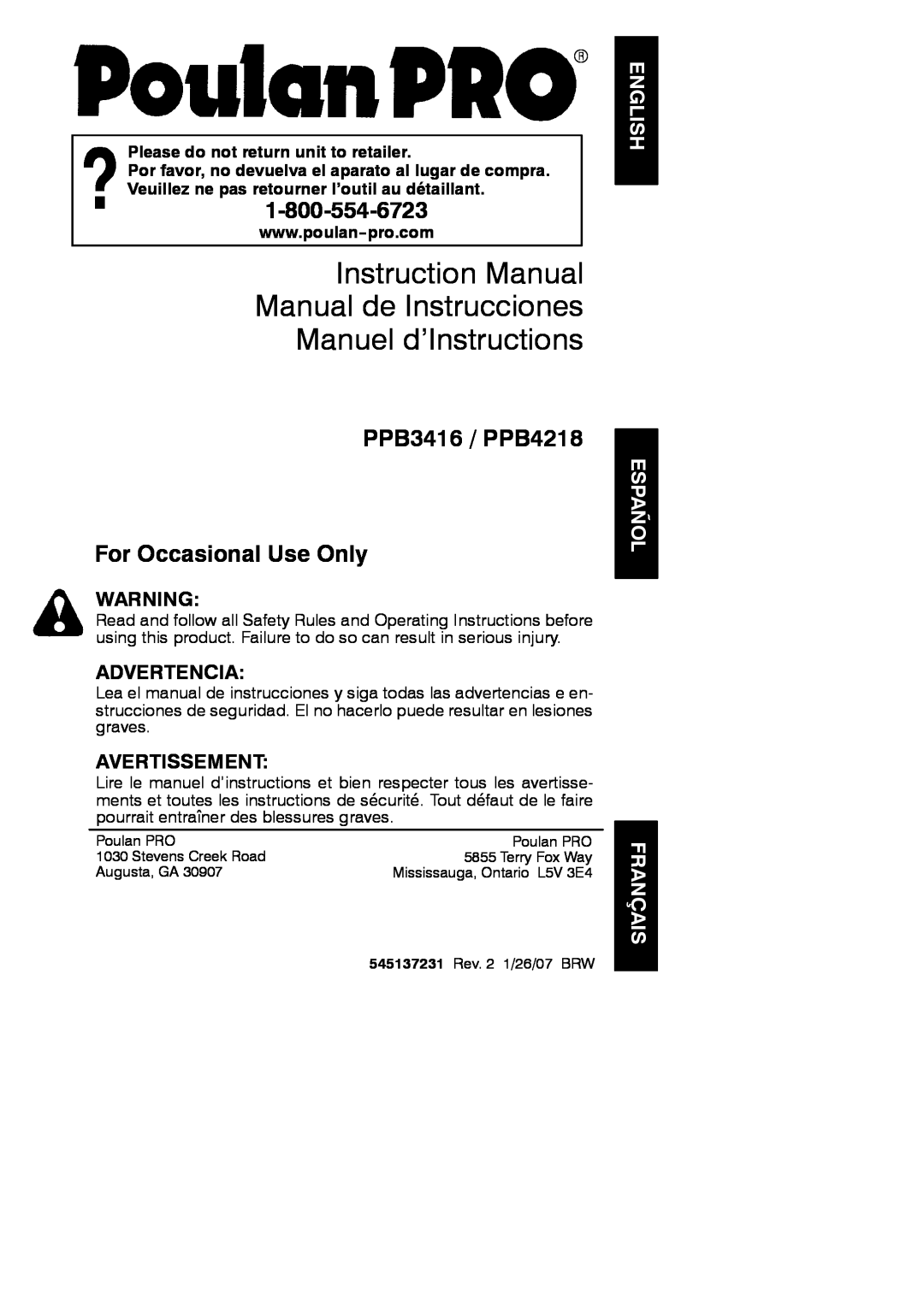 Poulan 545137231 instruction manual English, Español Français, PPB3416 / PPB4218 For Occasional Use Only, Advertencia 
