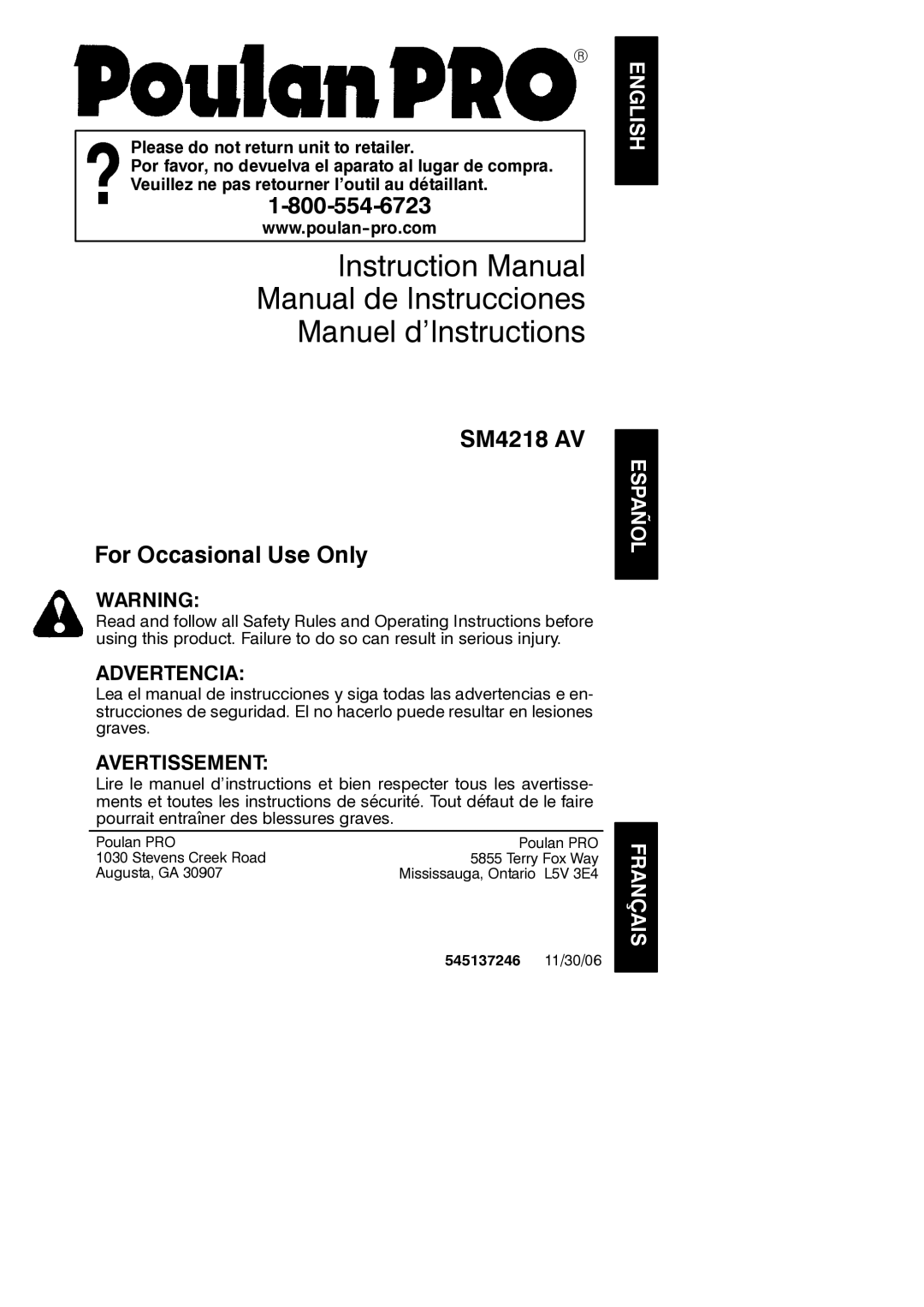 Poulan instruction manual Manual de Instrucciones Manuel d’Instructions, 545137246 11/30/06 