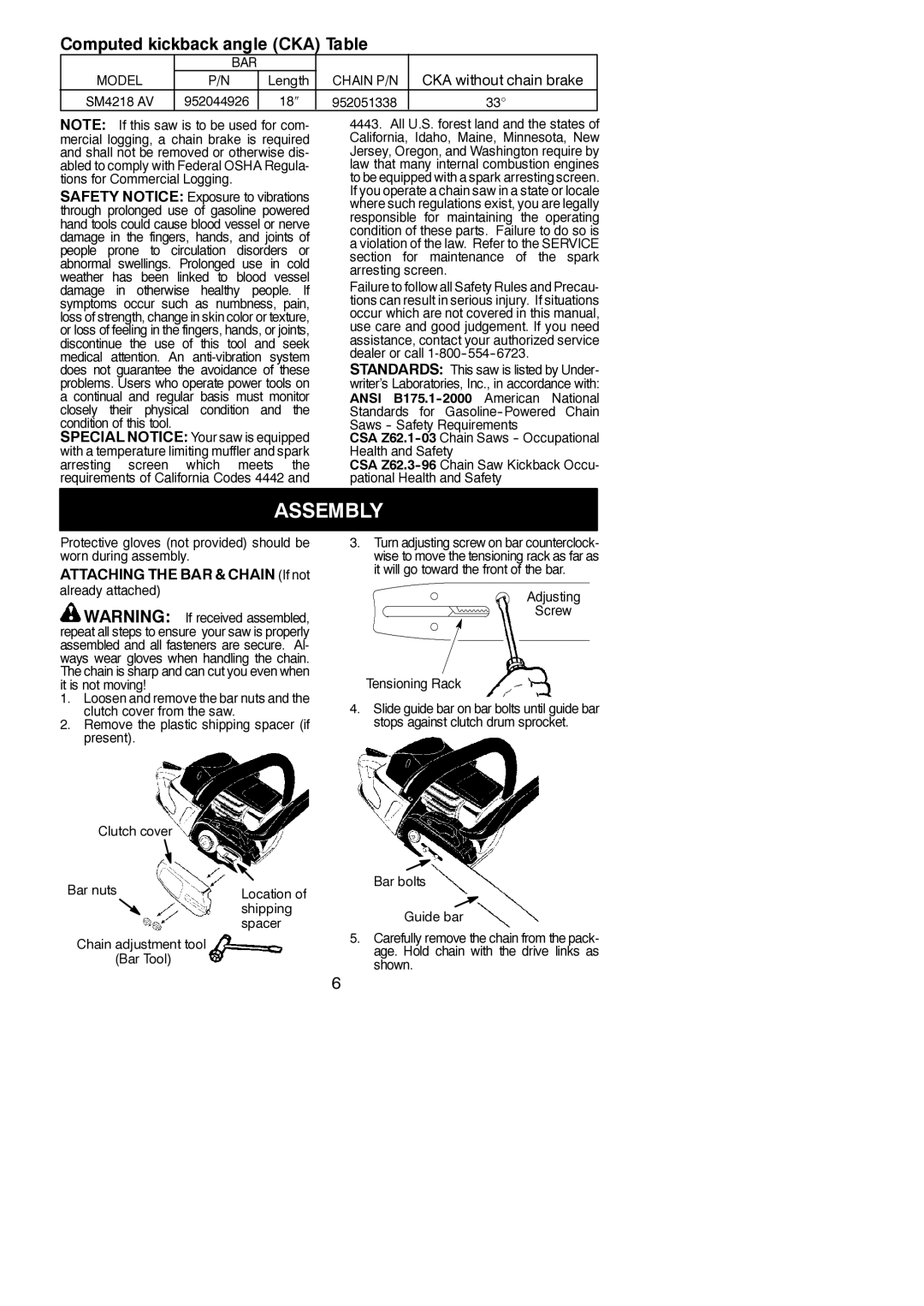 Poulan 545137246 instruction manual Assembly, Attaching the BAR & Chain If not, Adjusting Screw Tensioning Rack 