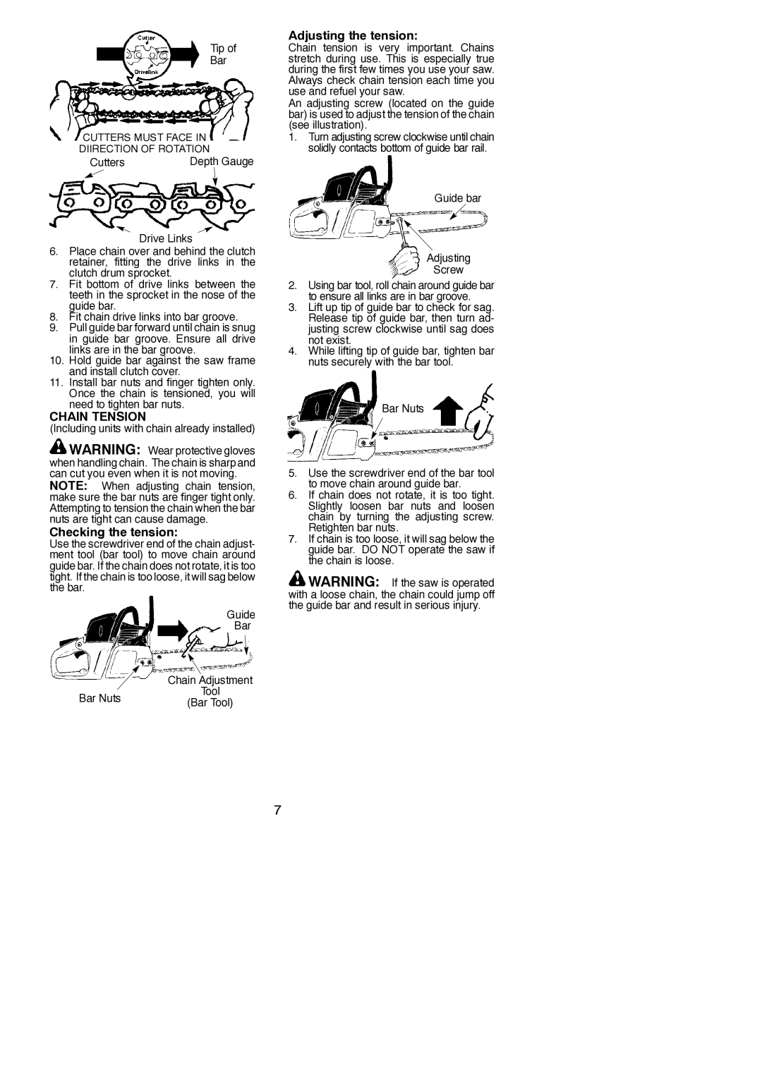 Poulan 545137246 instruction manual Chain Tension, Checking the tension, Adjusting the tension 