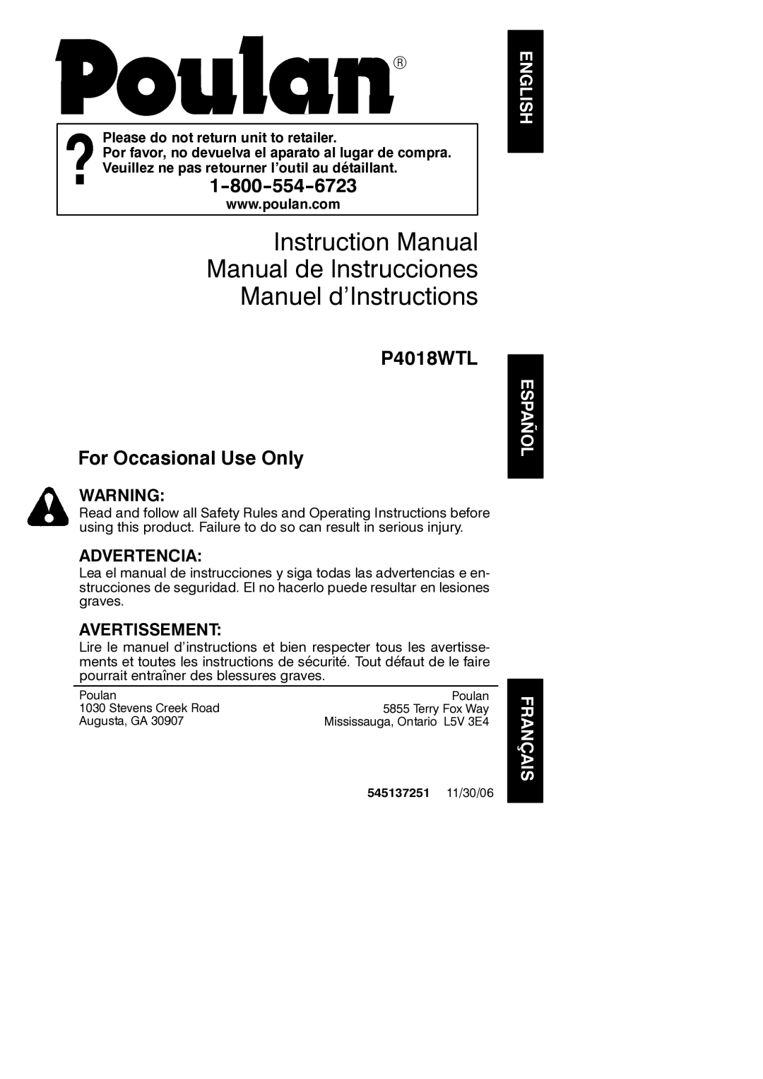 Poulan instruction manual Manual de Instrucciones Manuel d’Instructions, 545137251 11/30/06 