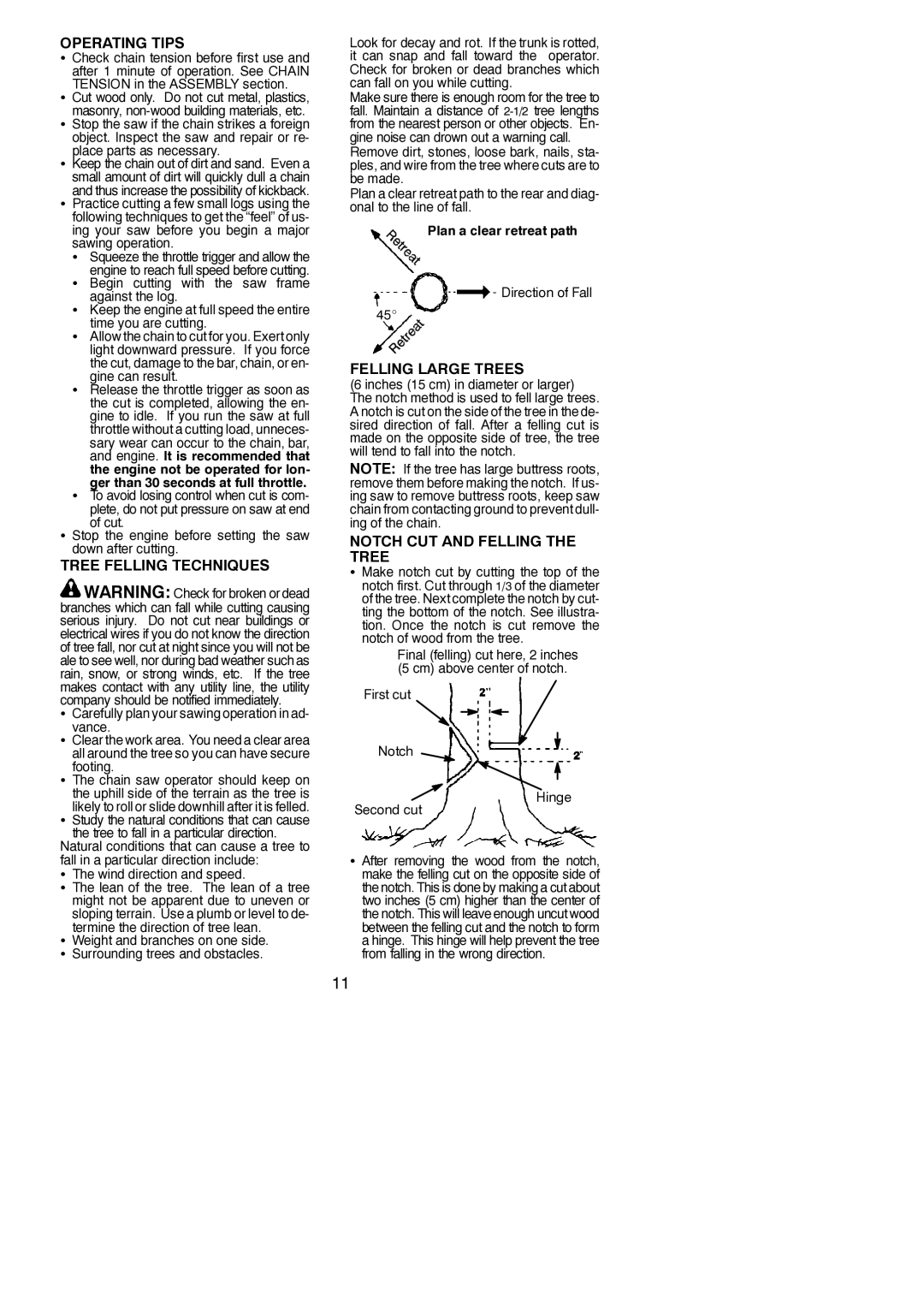 Poulan 545137251 Operating Tips, Tree Felling Techniques, Felling Large Trees, Notch CUT and Felling the Tree 