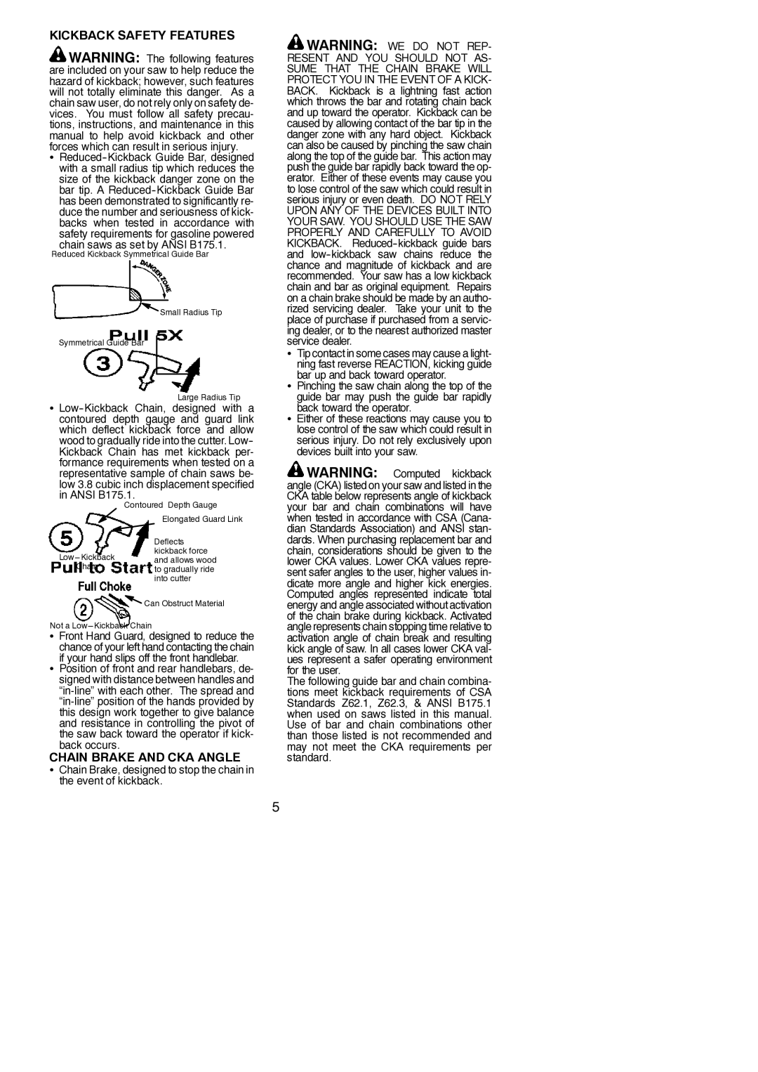 Poulan 545137251 instruction manual Kickback Safety Features, Chain Brake and CKA Angle, Chain saws as set by Ansi B175.1 