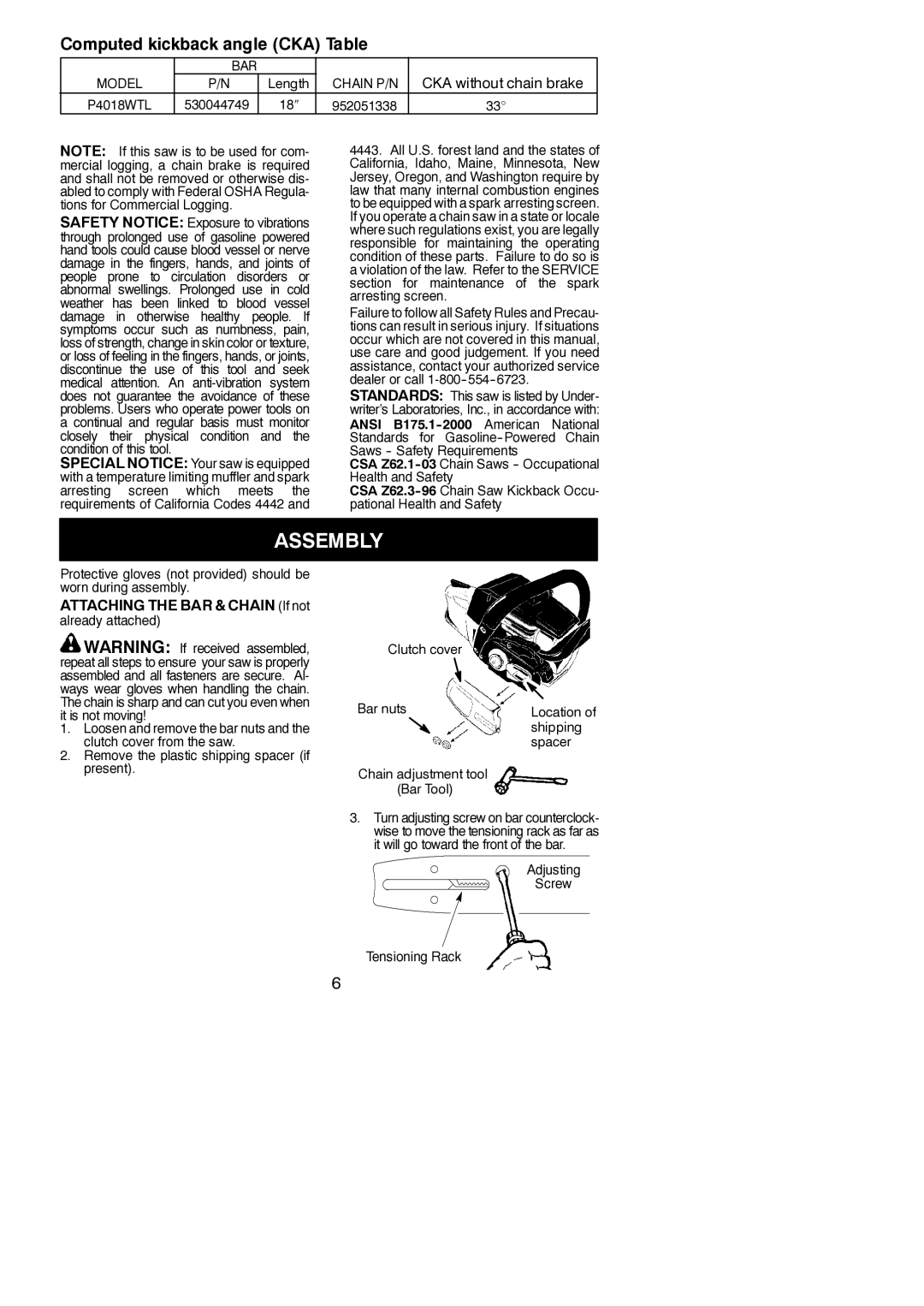 Poulan 545137251 instruction manual Assembly, Attaching the BAR & Chain If not, Adjusting Screw Tensioning Rack 