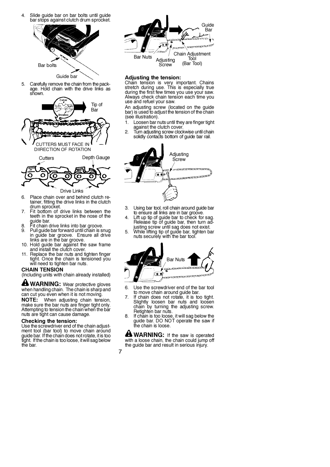 Poulan 545137251 instruction manual Chain Tension, Checking the tension, Adjusting the tension, Cutters, Adjusting Screw 