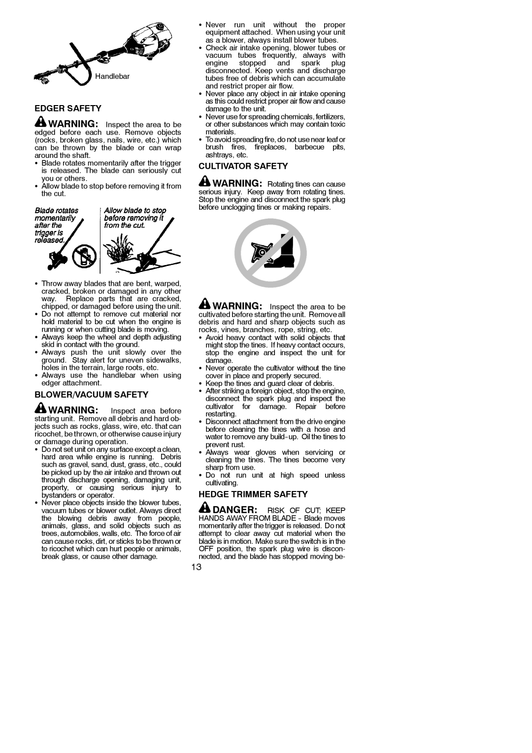 Poulan 545137272 instruction manual Edger Safety, BLOWER/VACUUM Safety, Cultivator Safety, Hedge Trimmer Safety 