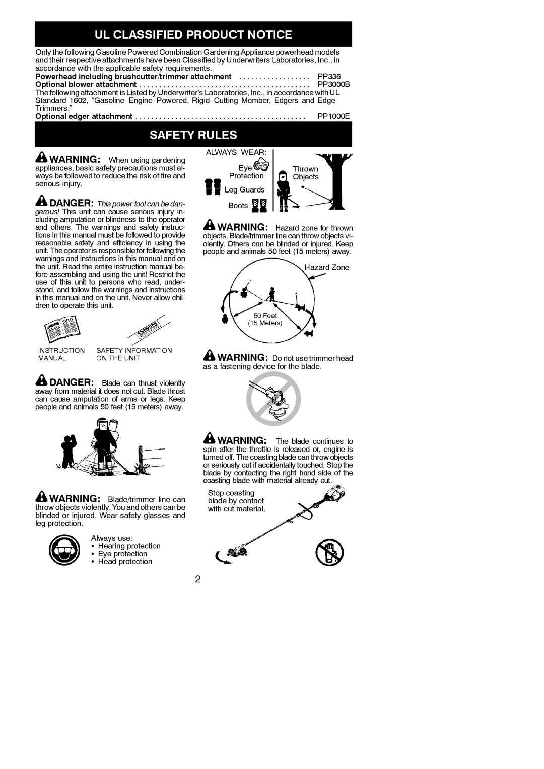 Poulan 545137272 UL Classified Product Notice, Safety Rules, Always use, Head protection, Boots Hazard Zone 