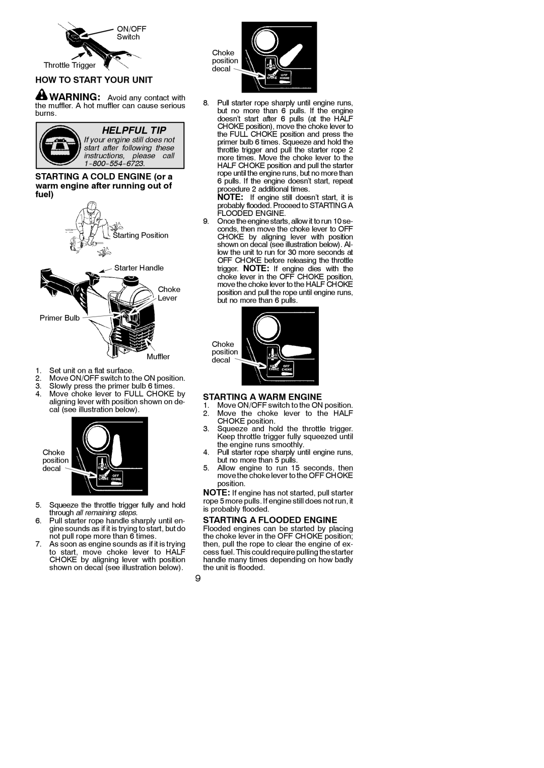 Poulan 545137272 HOW to Start Your Unit, Starting a Warm Engine, Starting a Flooded Engine, Switch Throttle Trigger 