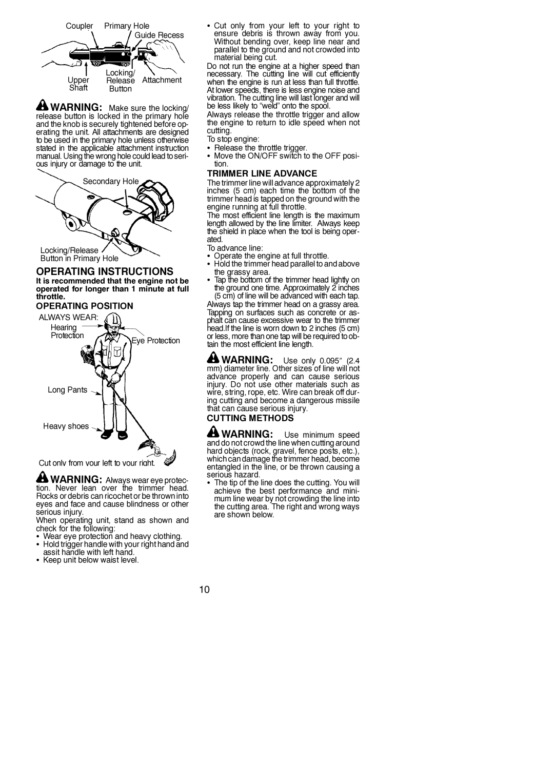 Poulan 545137274, PPB200E instruction manual Operating Position, Trimmer Line Advance, Cutting Methods, Hearing Protection 