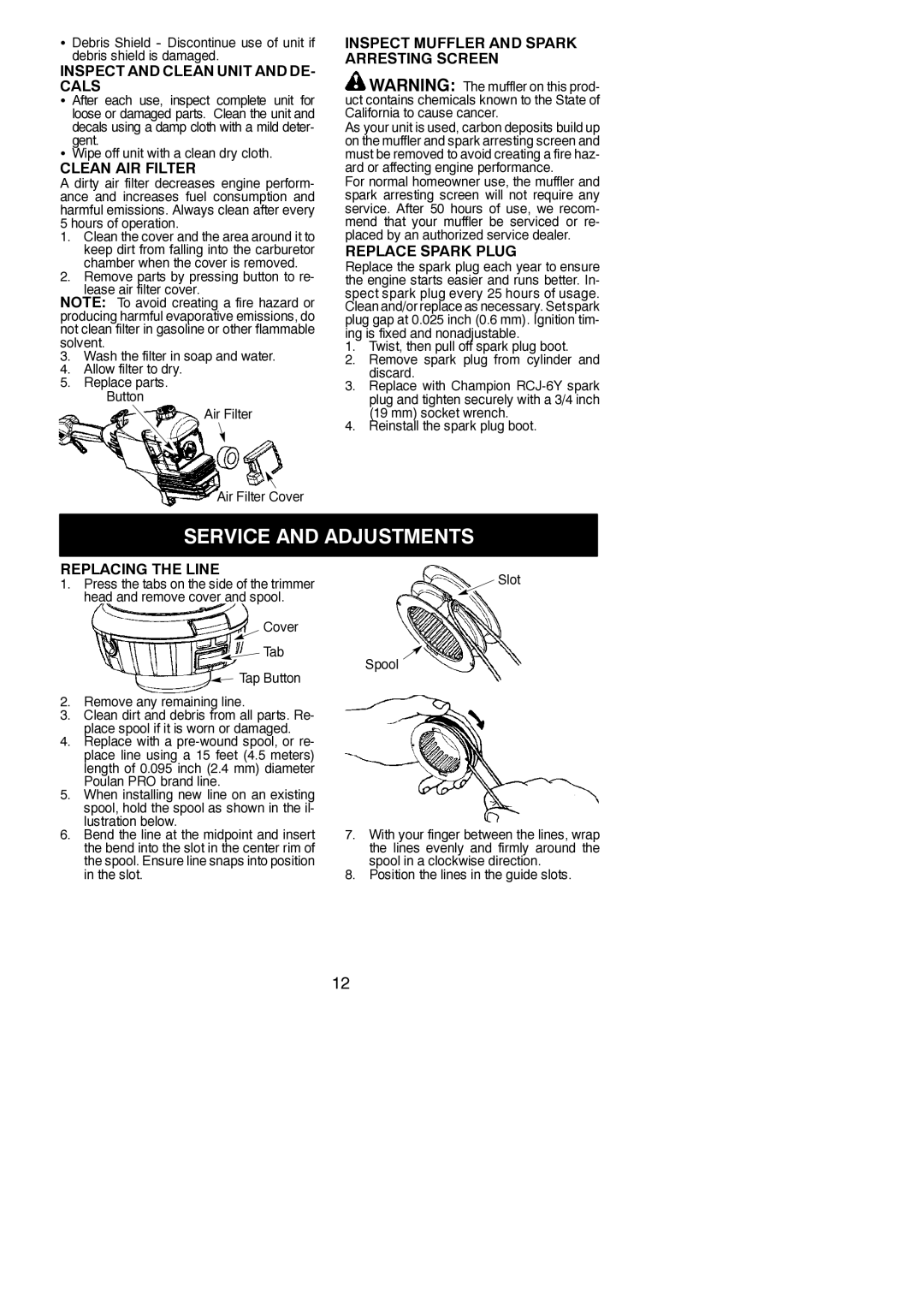 Poulan 545137274, PPB200E instruction manual Service and Adjustments 