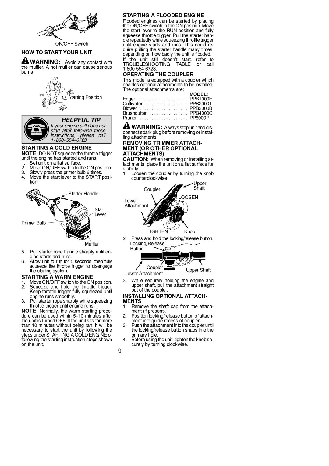 Poulan PPB200E HOW to Start Your Unit, Starting a Cold Engine, Starting a Warm Engine, Starting a Flooded Engine 