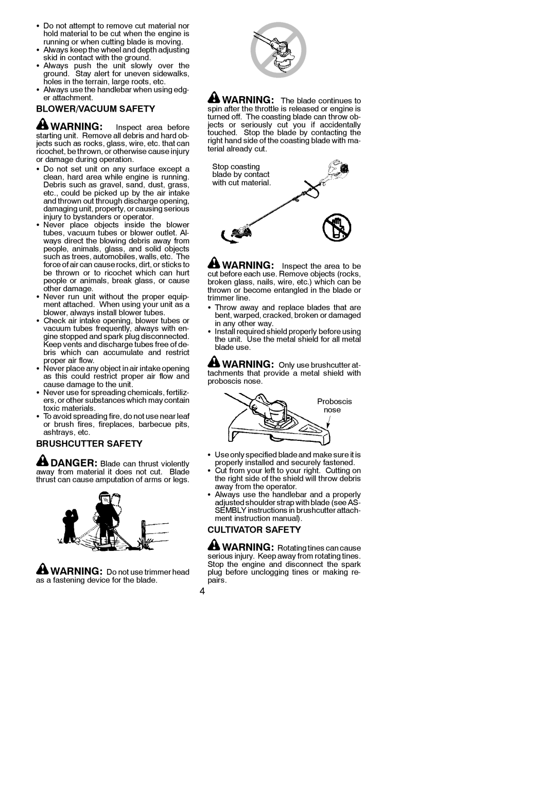 Poulan 545137276 instruction manual BLOWER/VACUUM Safety, Brushcutter Safety, Cultivator Safety 