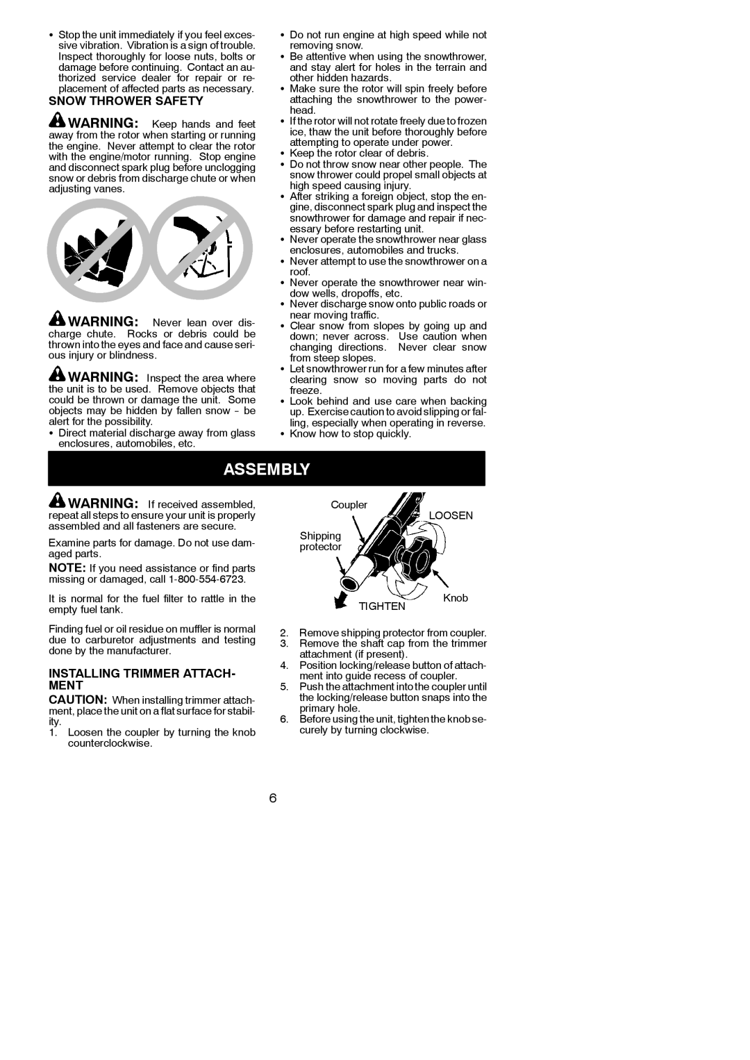 Poulan 545137276 instruction manual Assembly, Snow Thrower Safety, Installing Trimmer ATTACH- Ment 