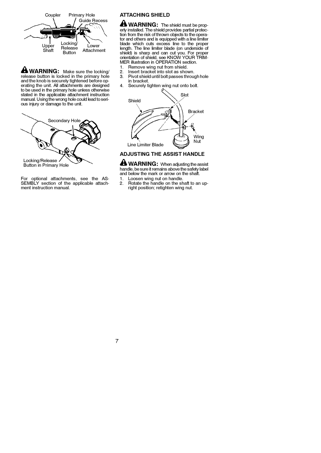 Poulan 545137276 instruction manual Attaching Shield, Adjusting the Assist Handle, Primary Hole, Attachment, Secondary Hole 