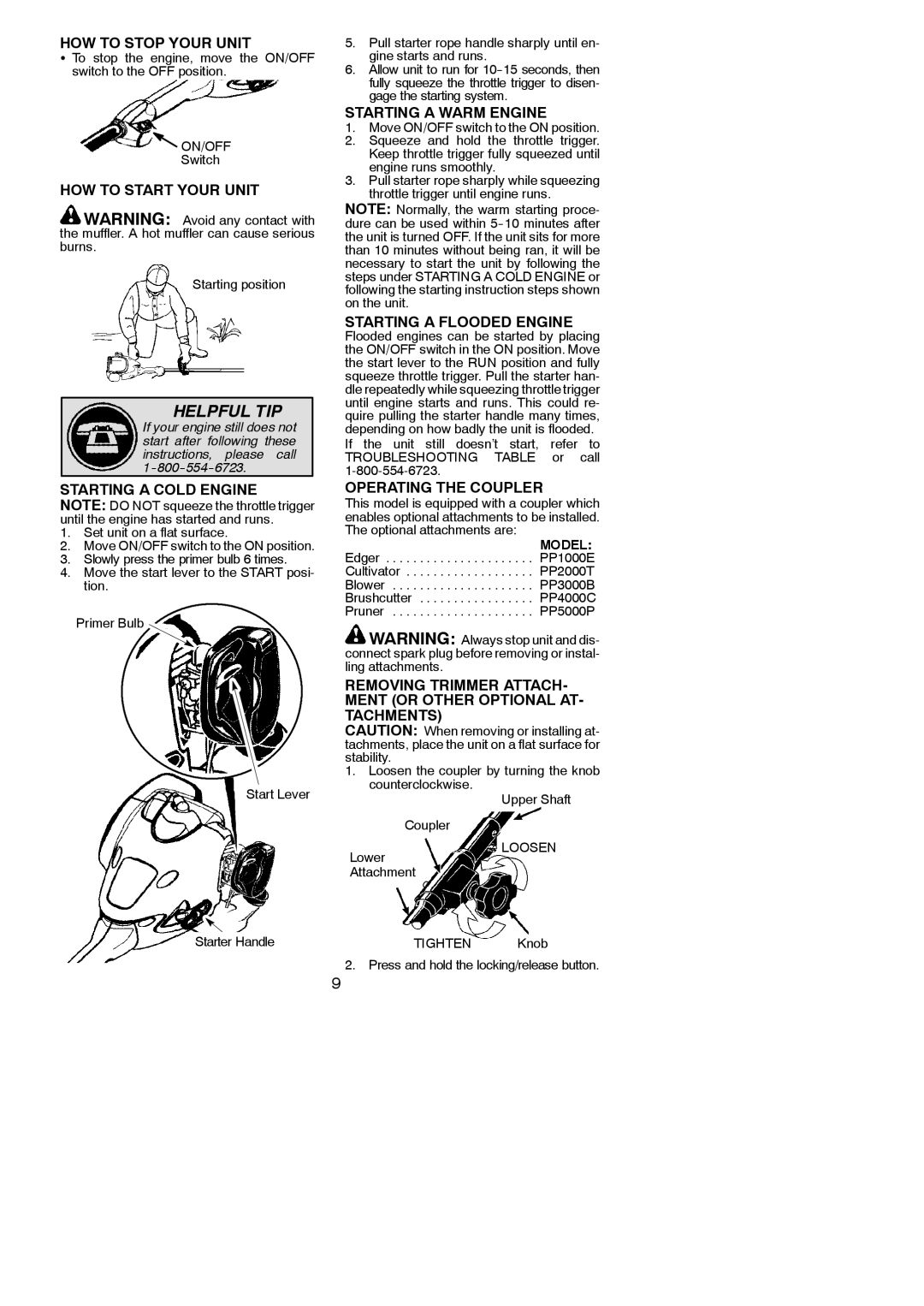 Poulan 545137276 HOW to Stop Your Unit, HOW to Start Your Unit, Starting a Cold Engine, Starting a Warm Engine 