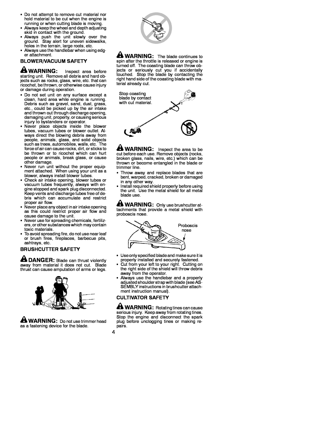 Poulan 545137276 instruction manual Blower/Vacuum Safety, Brushcutter Safety, Cultivator Safety 