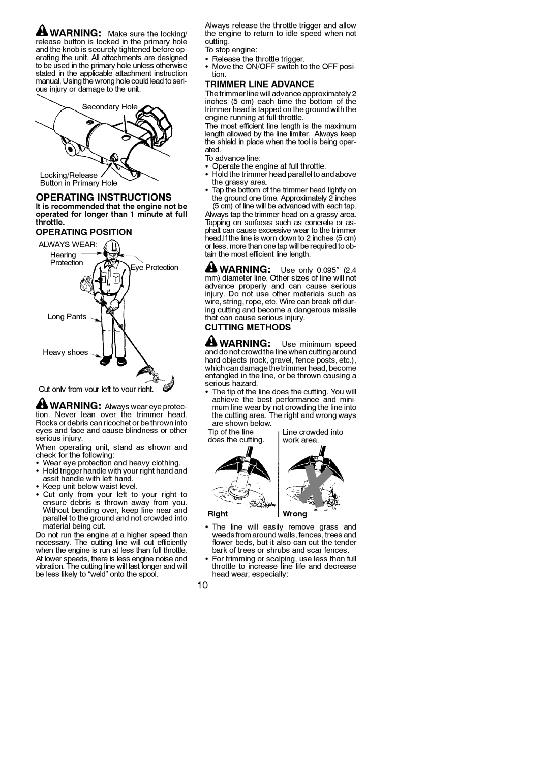 Poulan 545137277 instruction manual Operating Position, Trimmer Line Advance, Cutting Methods 