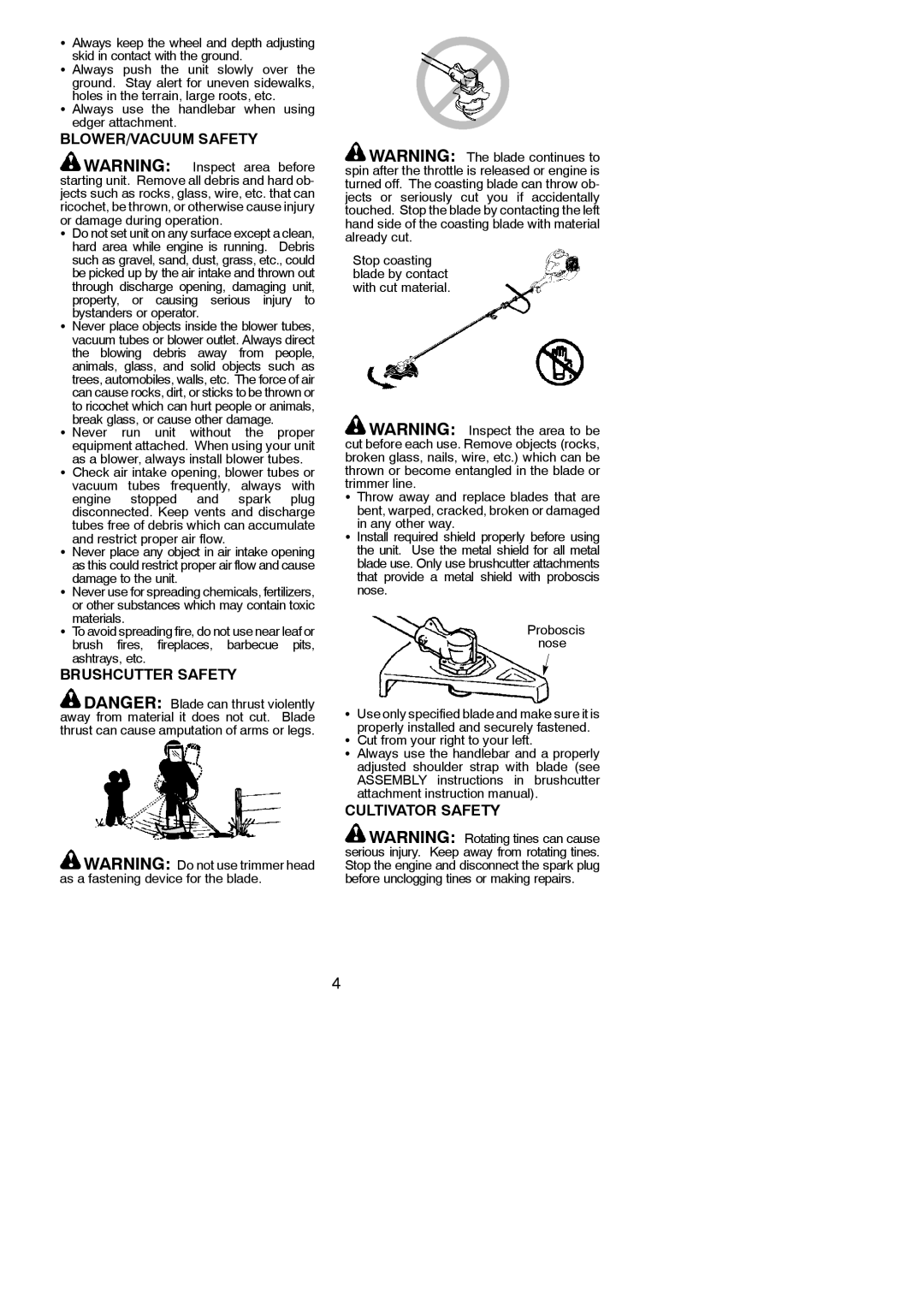 Poulan 545137277 instruction manual BLOWER/VACUUM Safety, Brushcutter Safety, Cultivator Safety 